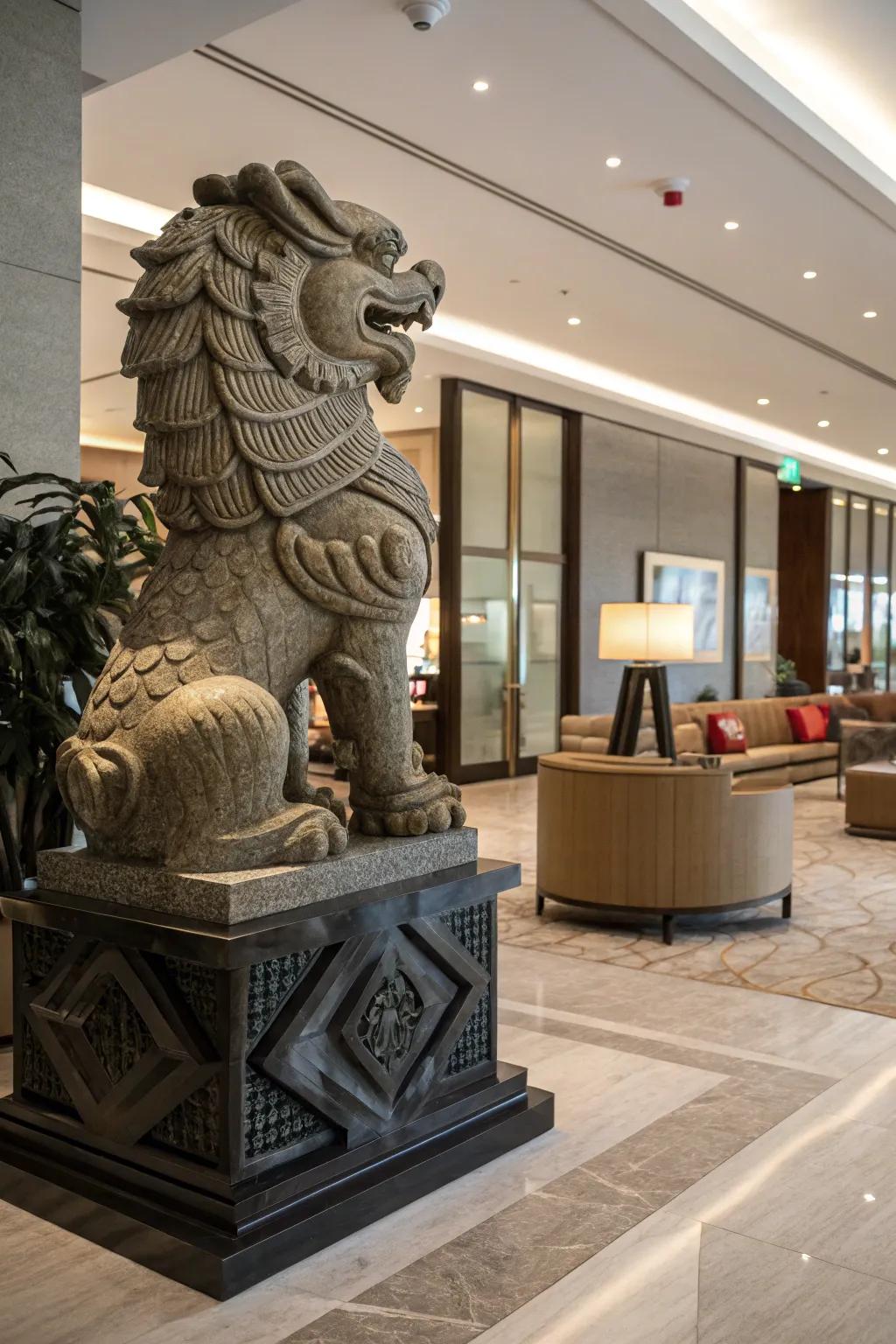 A striking Oriental-inspired figure serving as a central attraction in the lobby.
