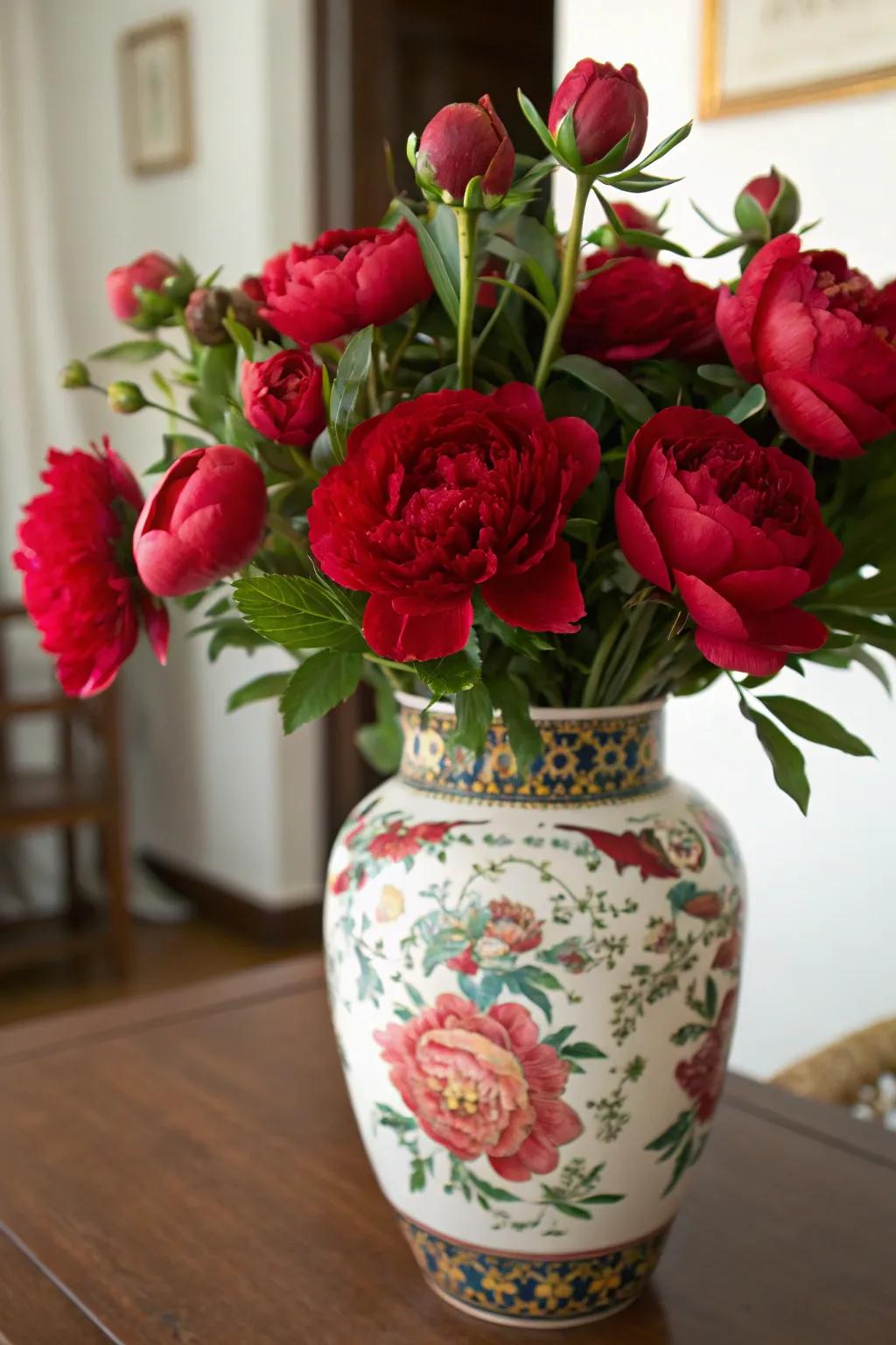 Lush crimson flower arrangement inside an elegant pot.