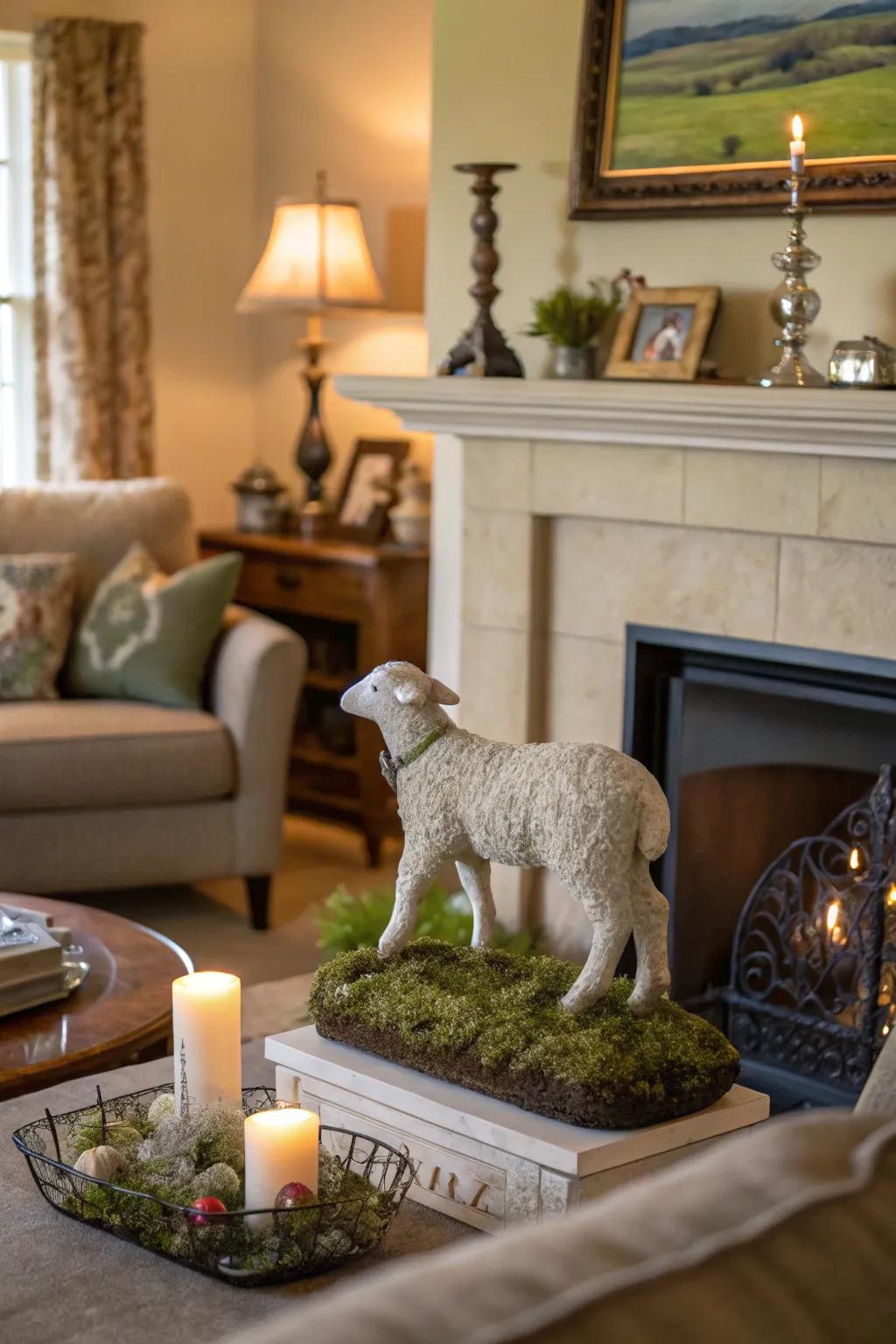 A young sheep in meadow sculpture lends a serene nuance to your mantel.