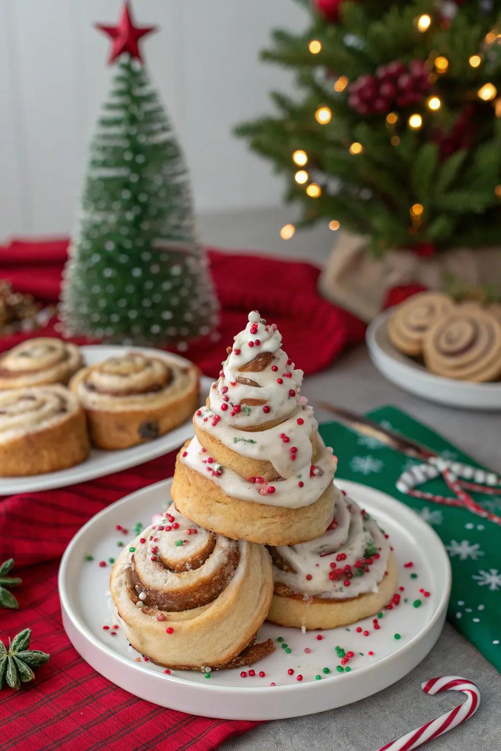 Sweet cinnamon roll Christmas trees ready to enjoy.