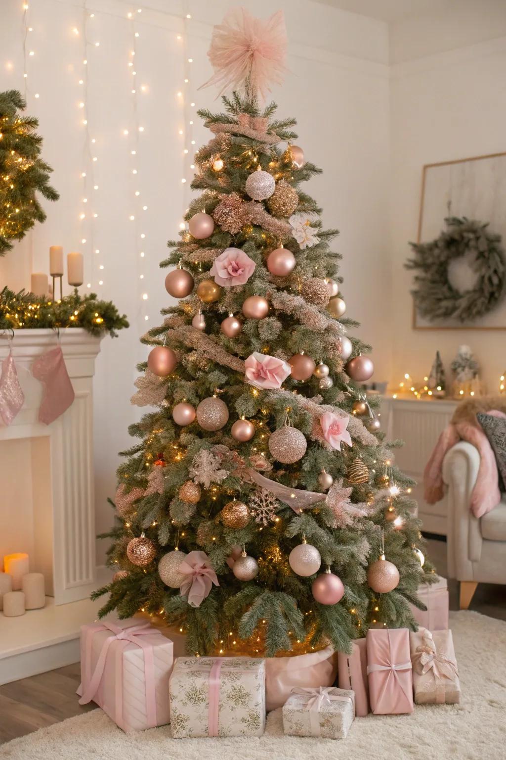A romantic Christmas tree in roseate and rosy-aureate hues.