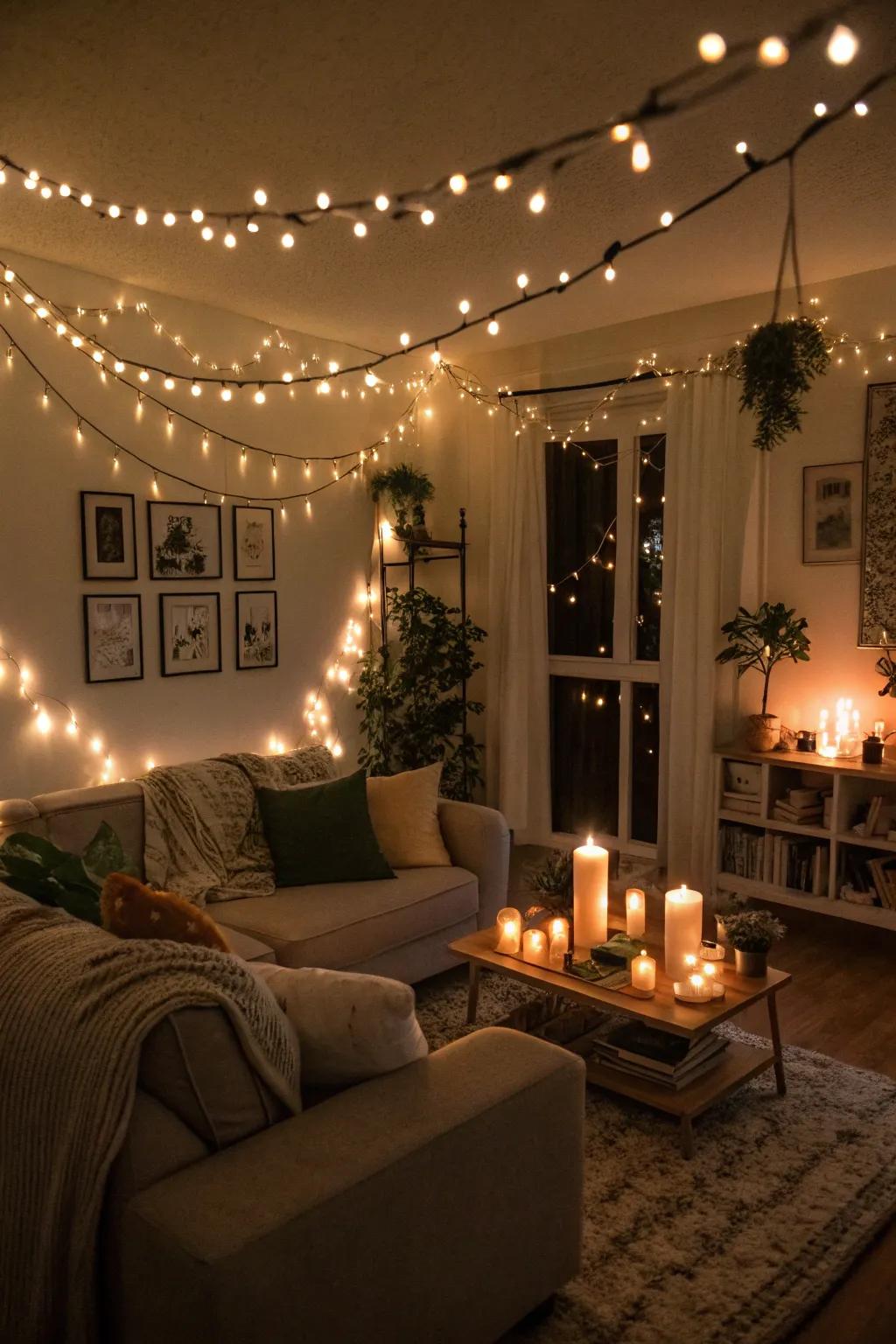 Soft lighting transforms a living area into a snug Christmas retreat.