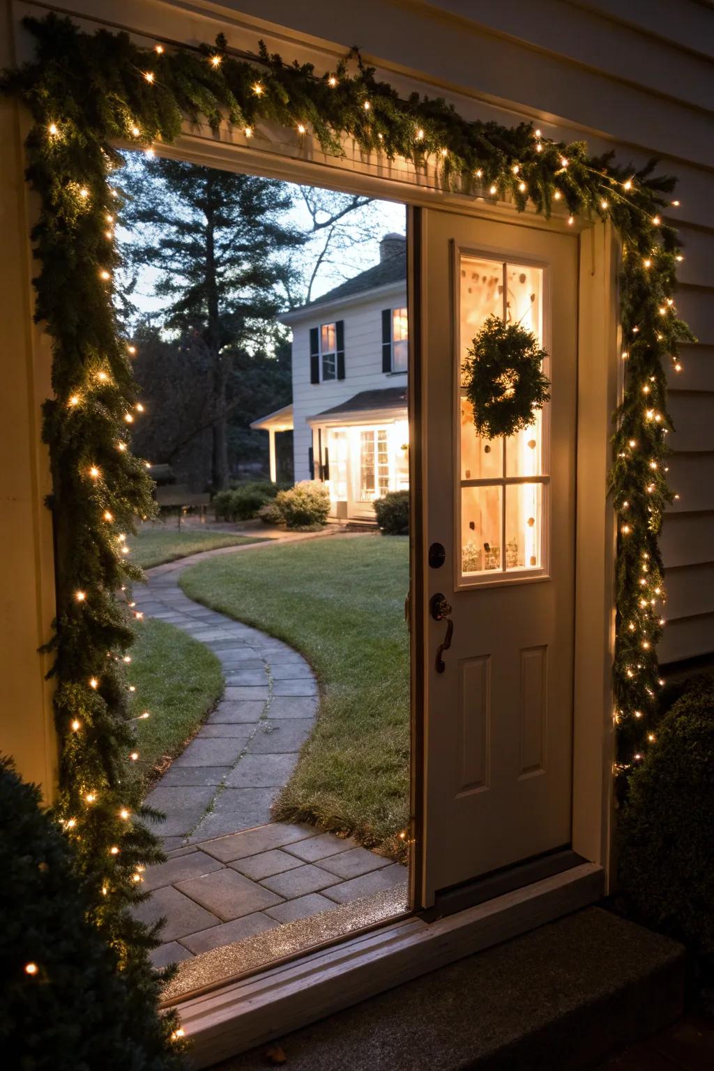 A radiant entryway with a foliage of lights.