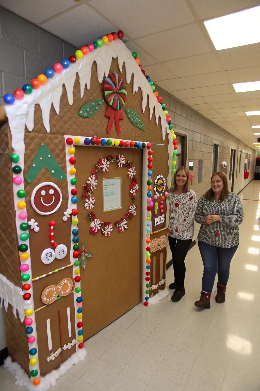 A sweet gingerbread house-themed school door.