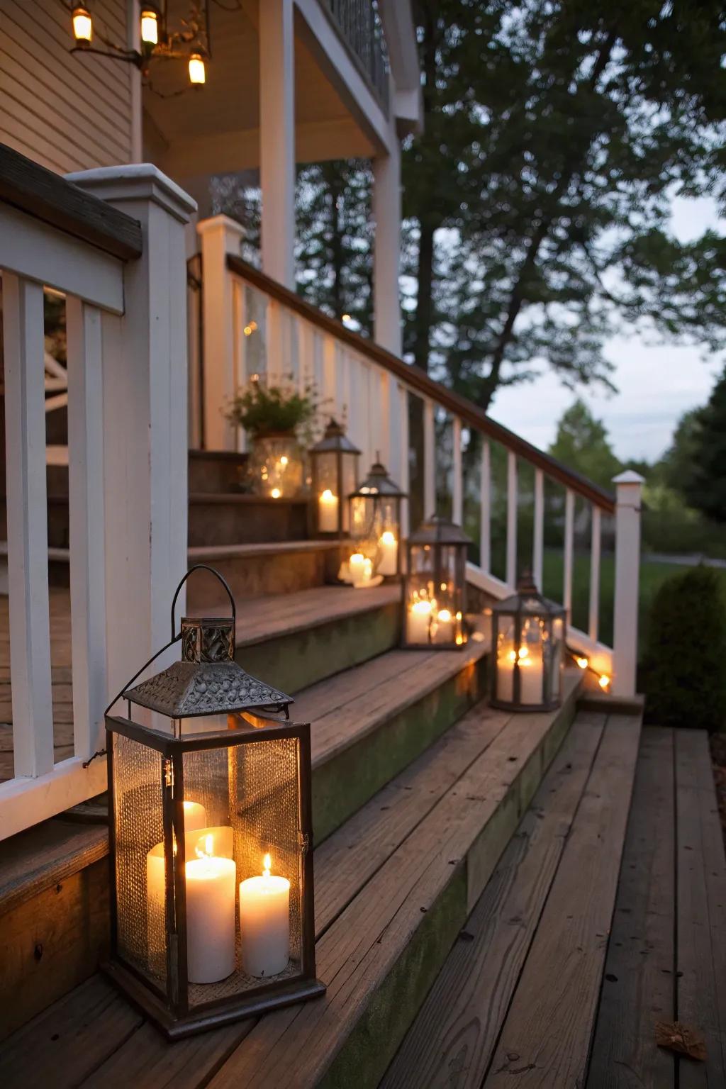 Luminaries with lights illuminating the porch steps, enhancing visibility and charm.