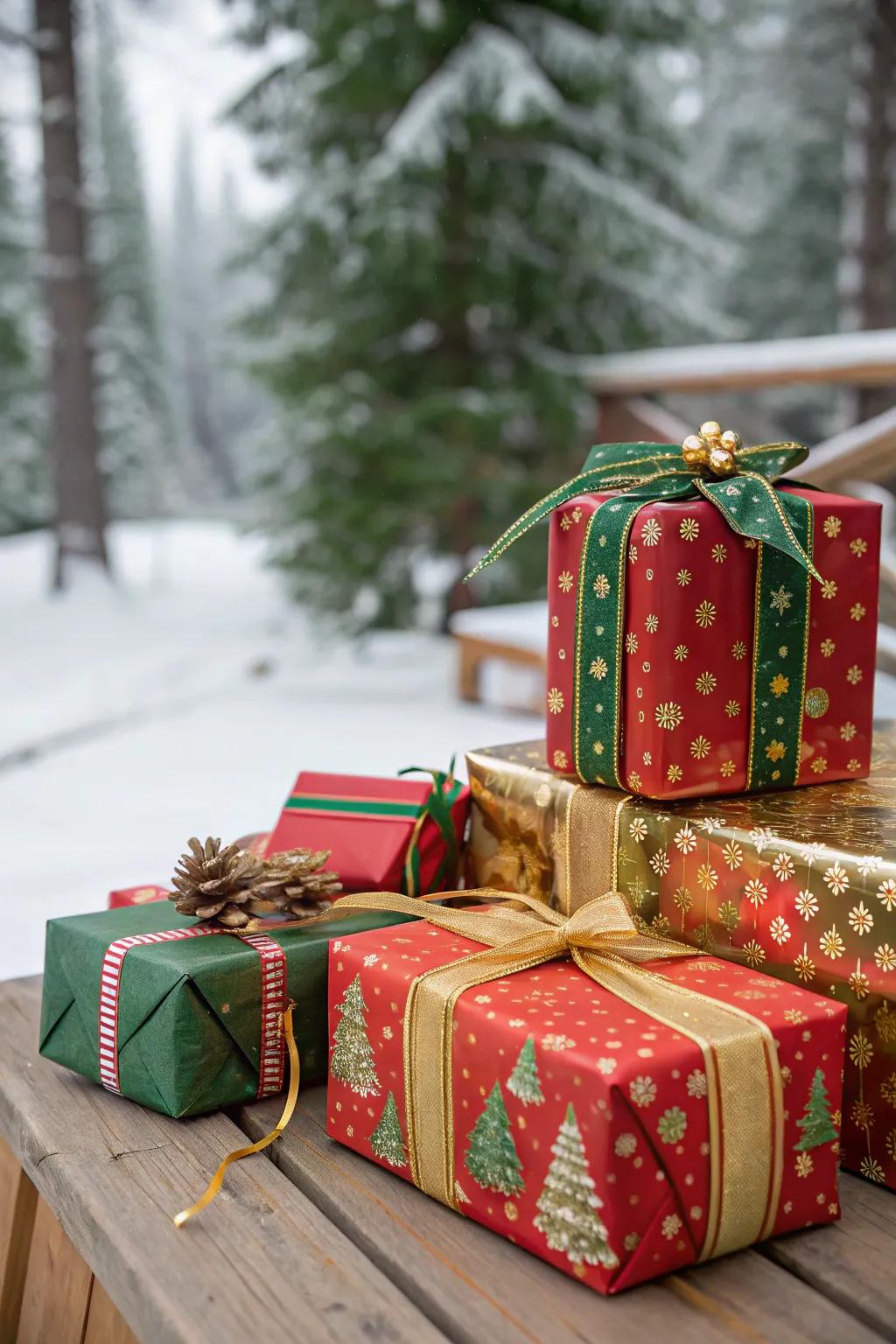Brightly wrapped gifts that embody the holiday spirit.