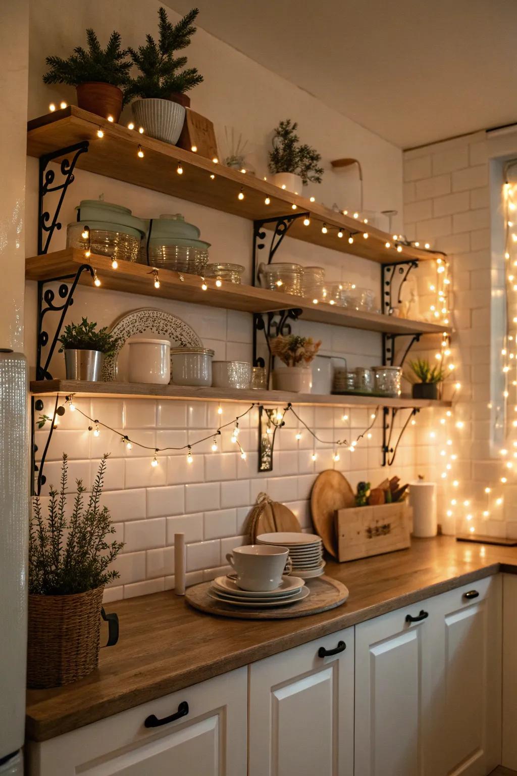 String lights cast an enchanting shine across kitchen shelving.