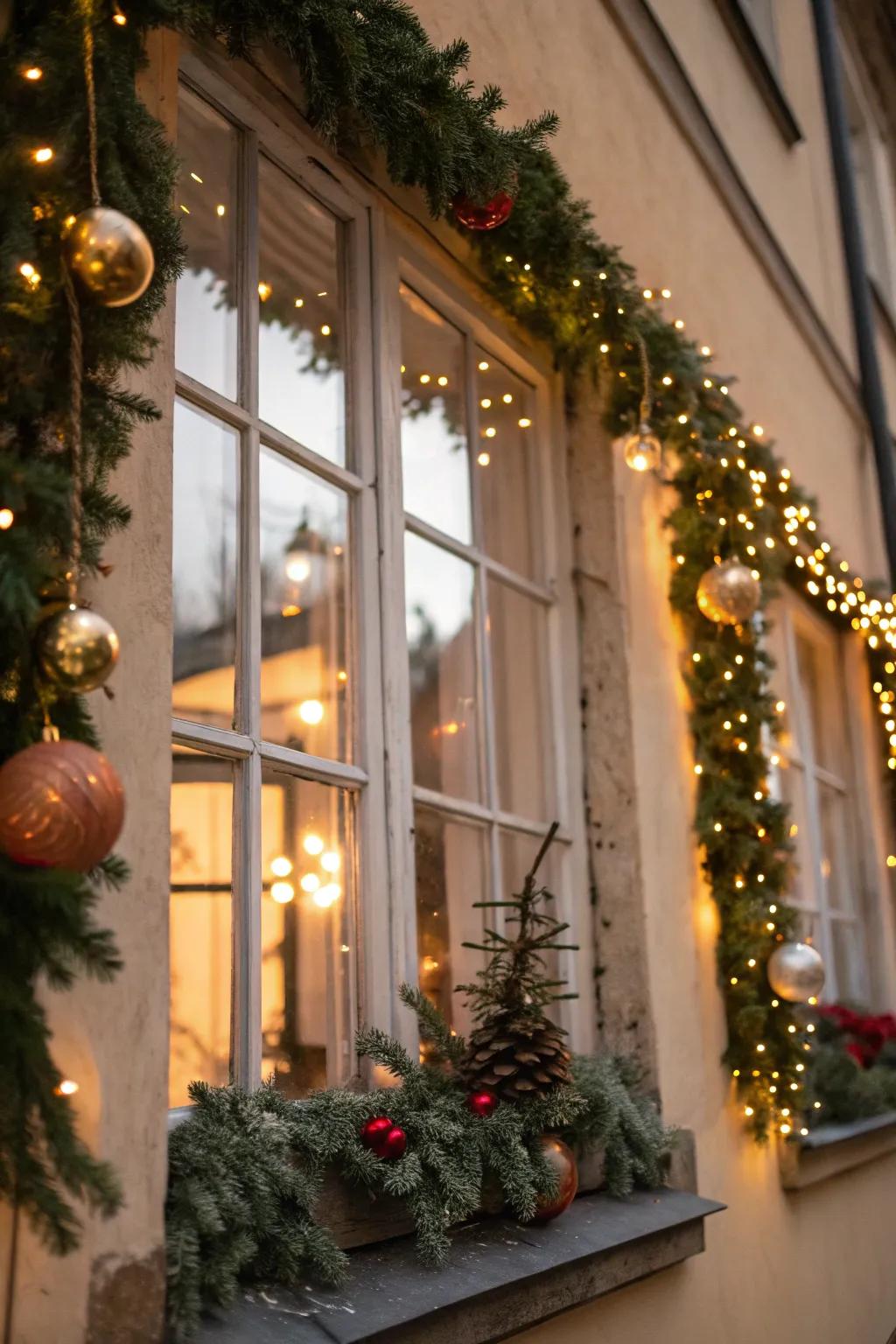 Festive boughs intermingled with lights craft a verdant, celebratory window display.