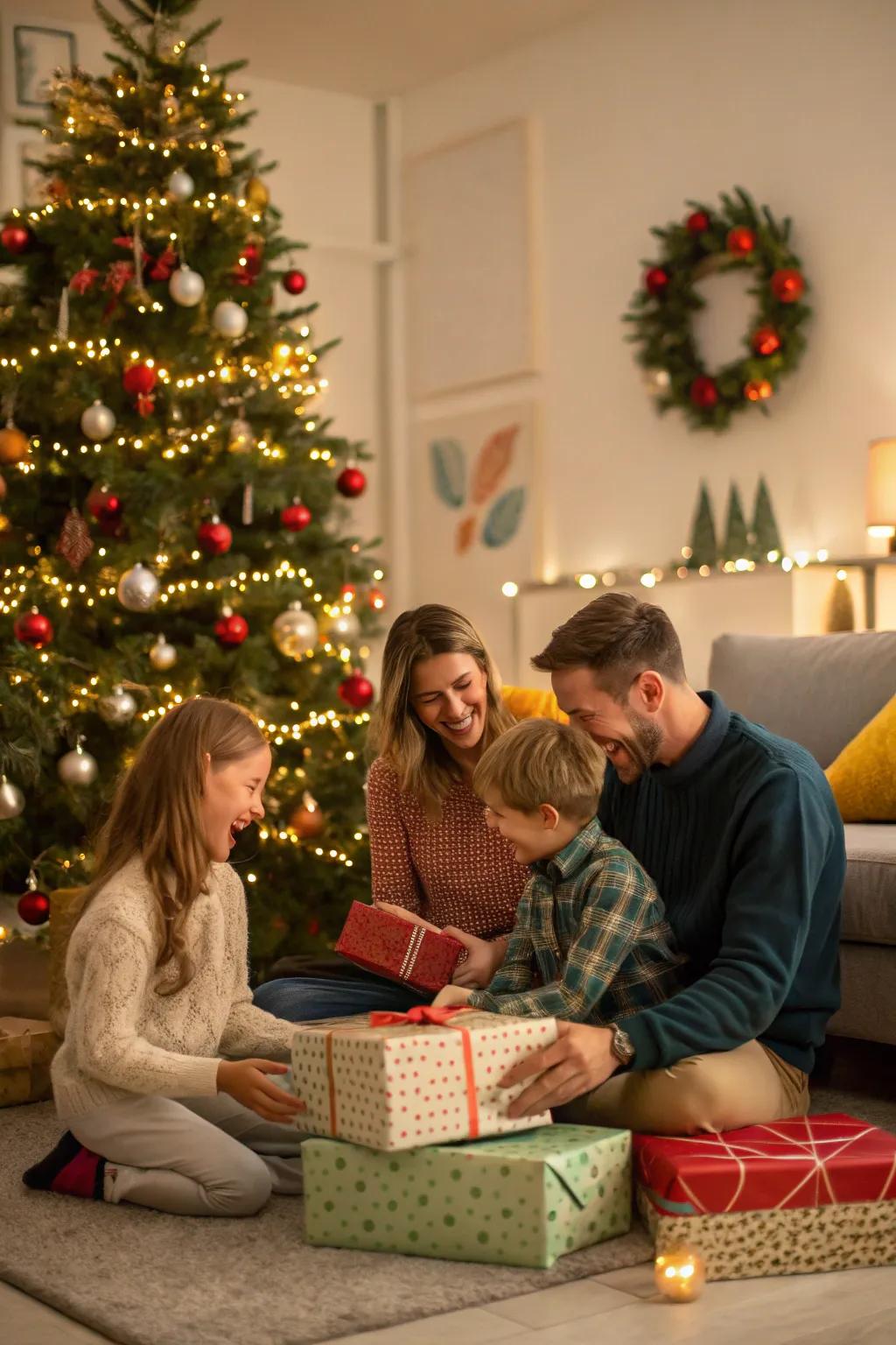A family joyfully gathered around the Christmas tree, sharing the excitement of opening presents.