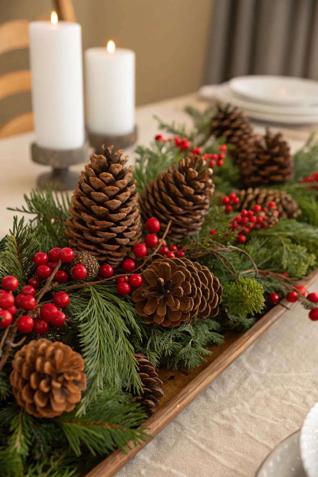 Pinecones bring natural texture to festive planters.