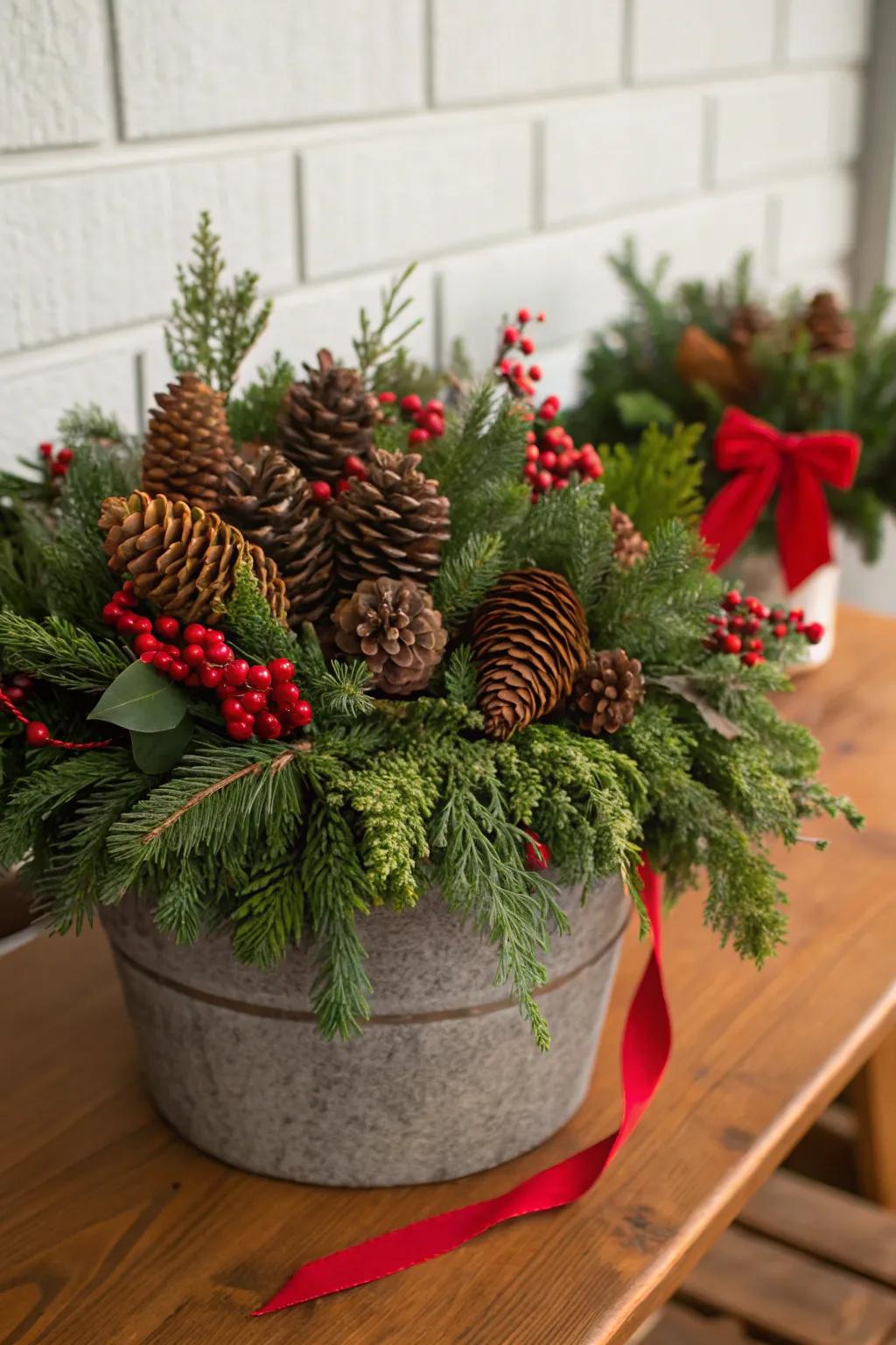 Cones from pines impart an inherent dimensionality and cordiality to your presentation.