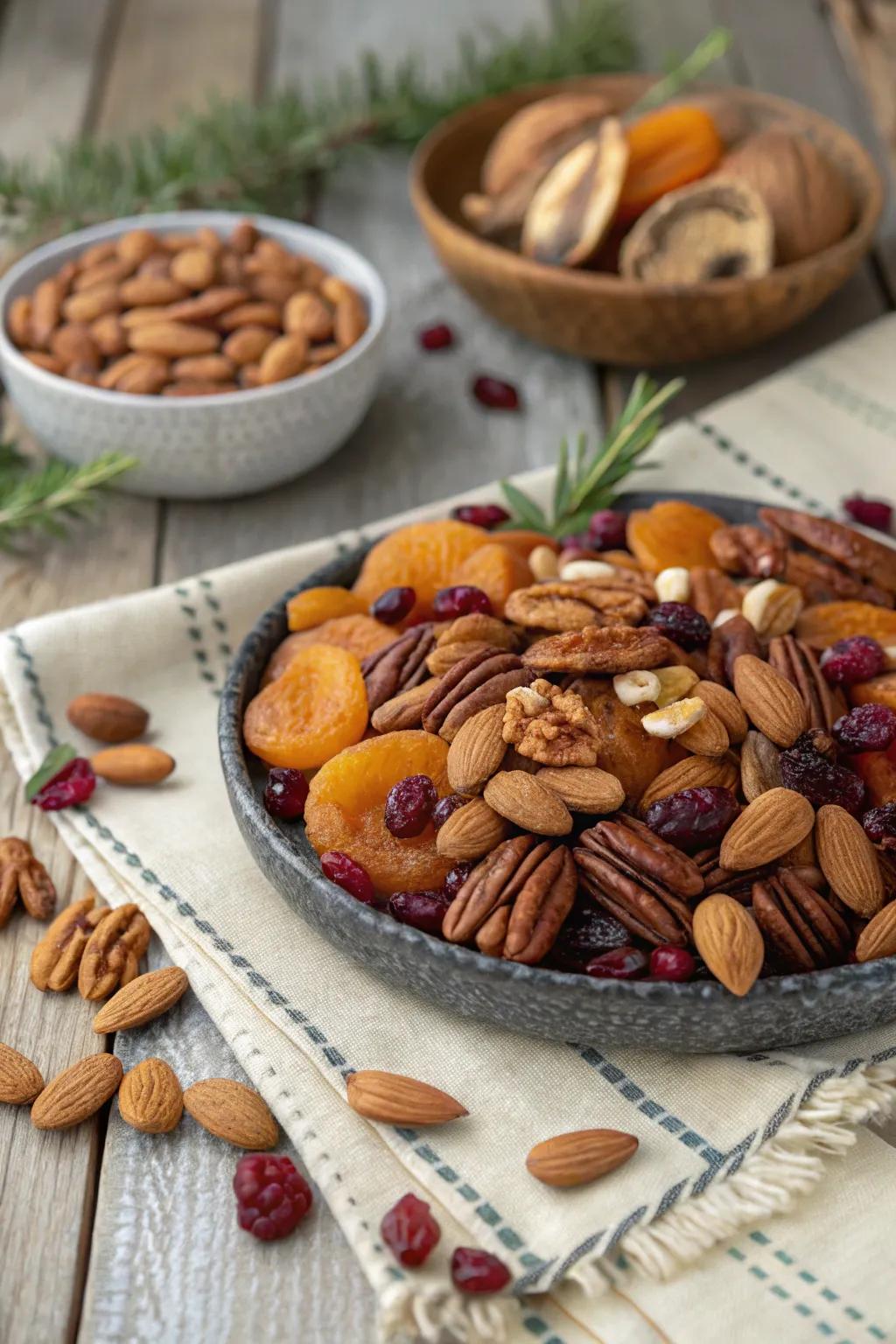 A harmonious nuts and dried fruits medley ideal for celebratory snacking.