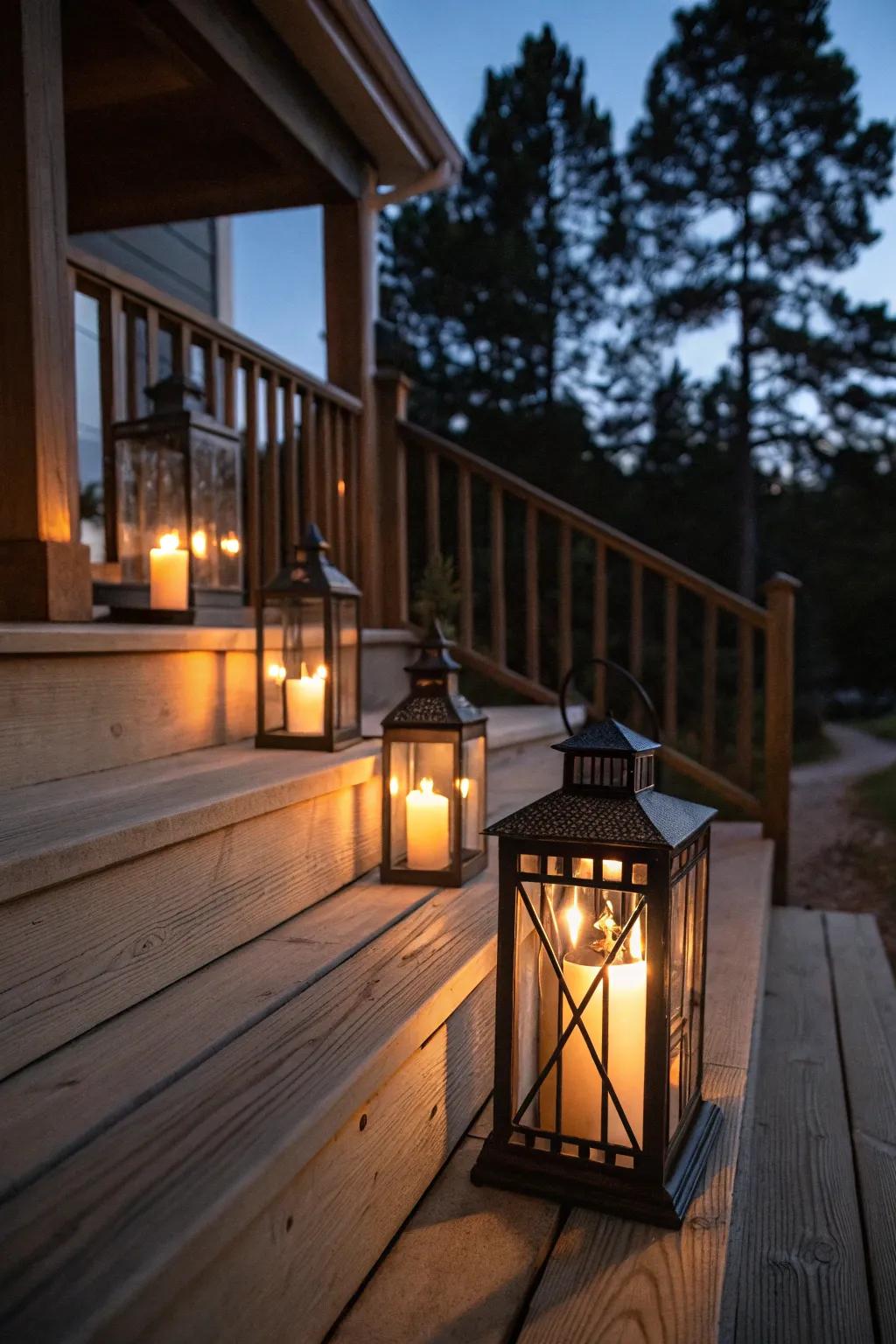 Country-inspired lanterns lighting up the porch steps for an inviting entryway.
