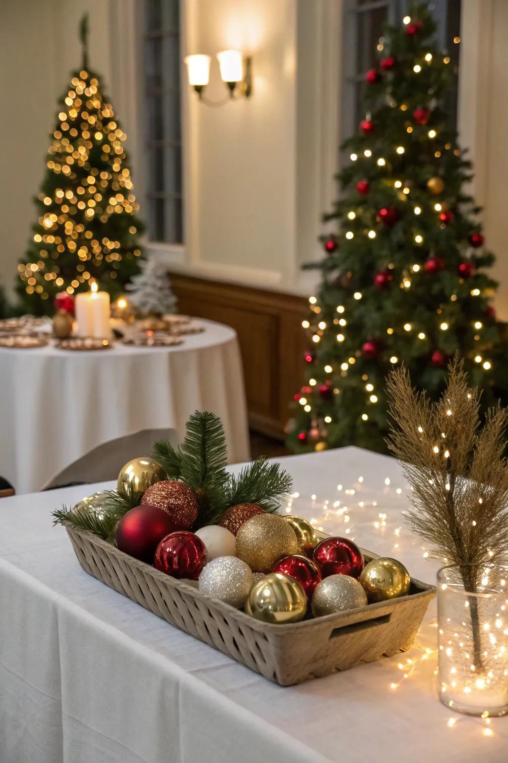 Decorations contribute an element of shimmer to the holiday table.