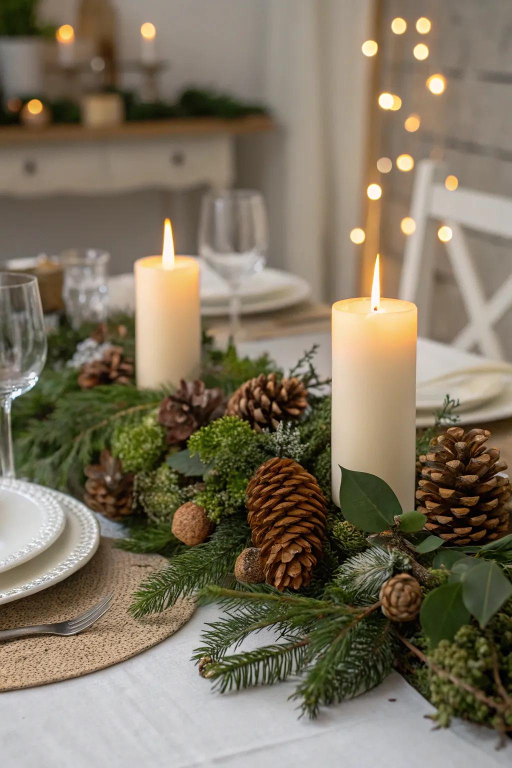 Cone-shaped seeds introduce rustic charm to the festive table.