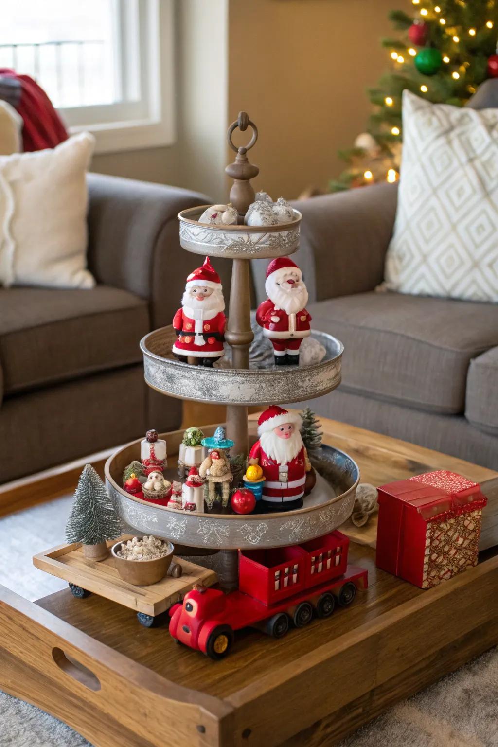 Santa's toy center springs to life on this festive tiered stand.