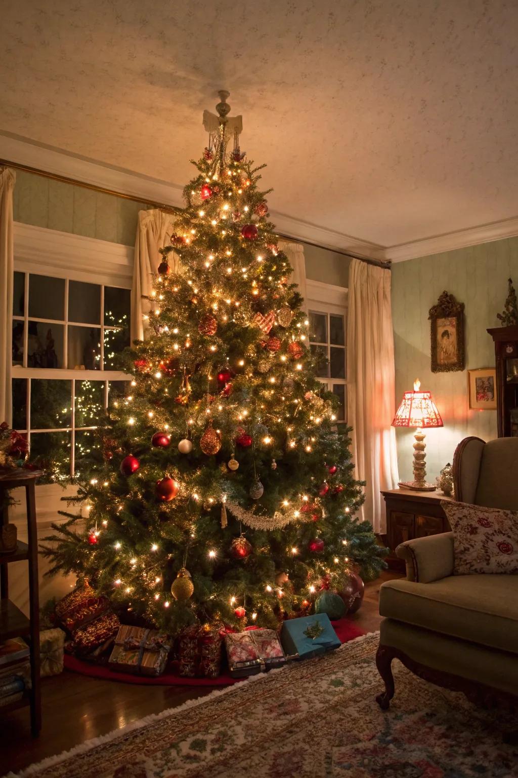 A nostalgic Christmas tree featuring vintage ornaments and colored lights, evoking warm holiday memories.