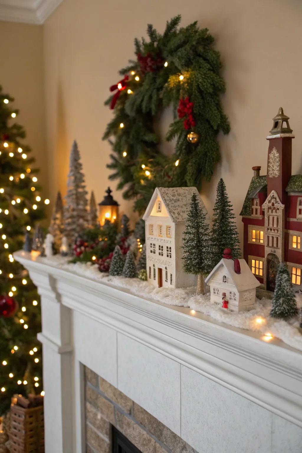 A fireplace mantel becomes a festive focal point with a Christmas village display.