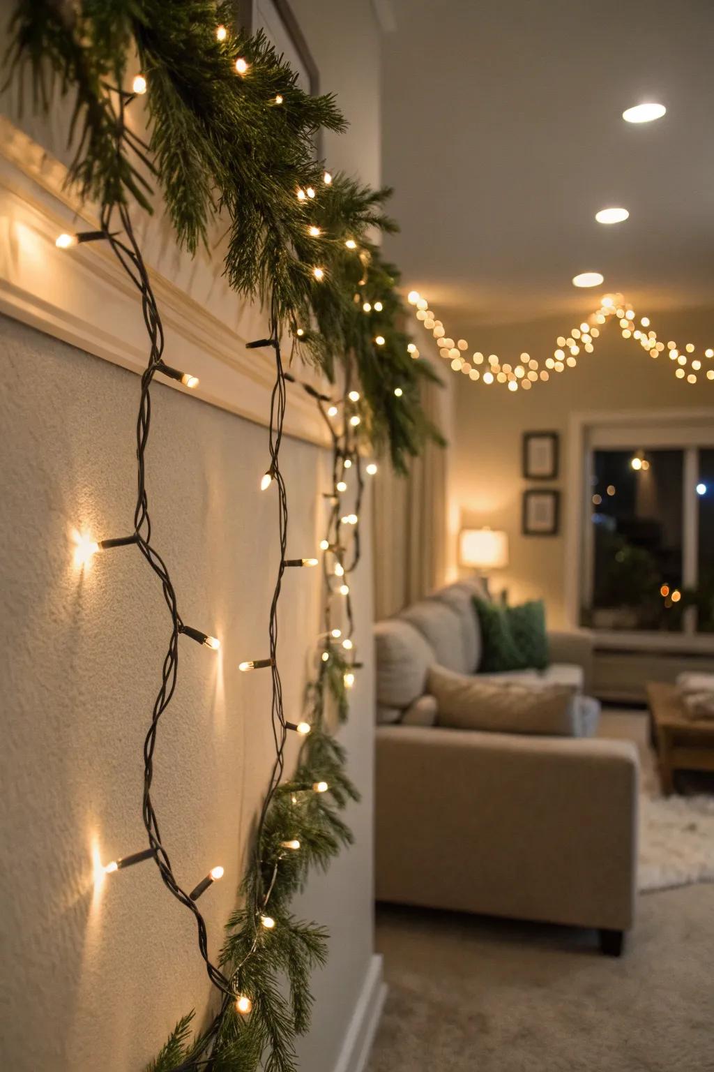 Fairy lights create a magical glow on a festive wall.