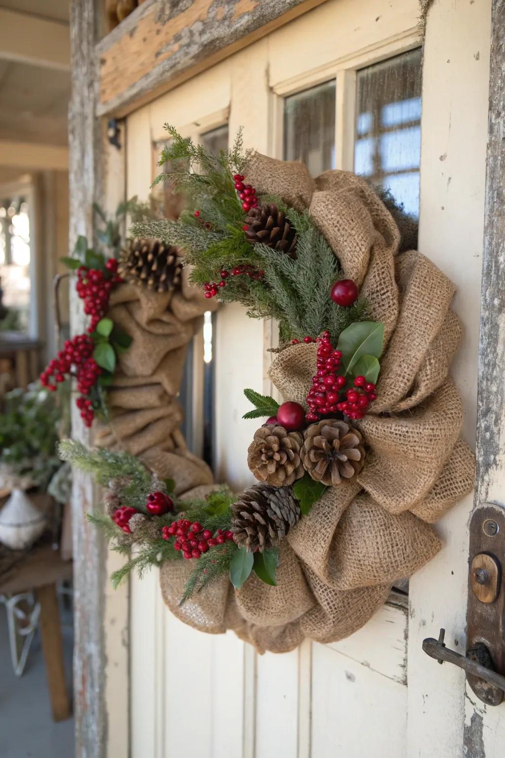 A country chic hessian wreath highlighting natural components like coniferous tree cones and berries.