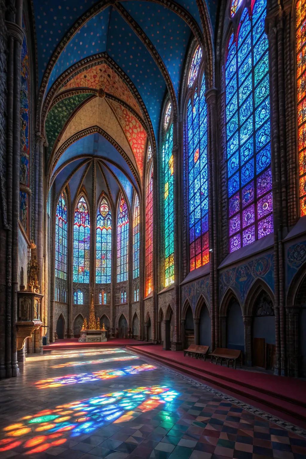 Church interior featuring radiant stained glass windows.