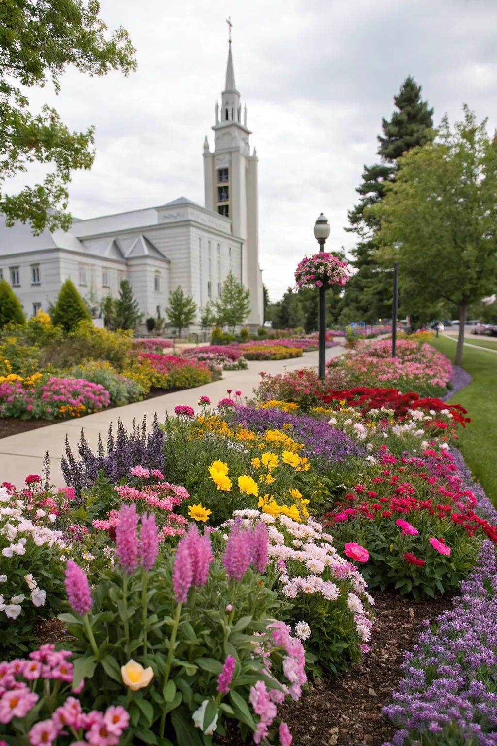 Colorful bloom patches add a spark of inspiration to church gardens.