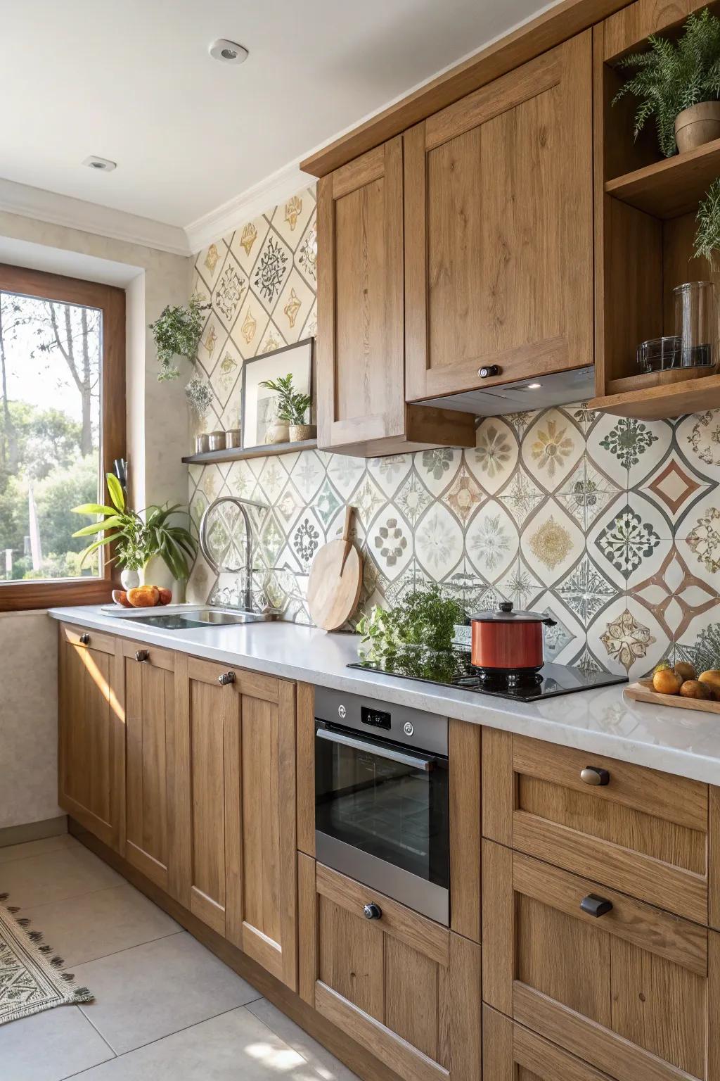Decorated tiles enhance the sophistication of a traditional kitchen.