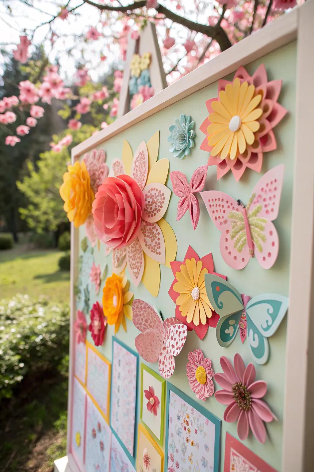 A vibrant spring-themed bulletin board showcasing 3D flowers and butterflies.