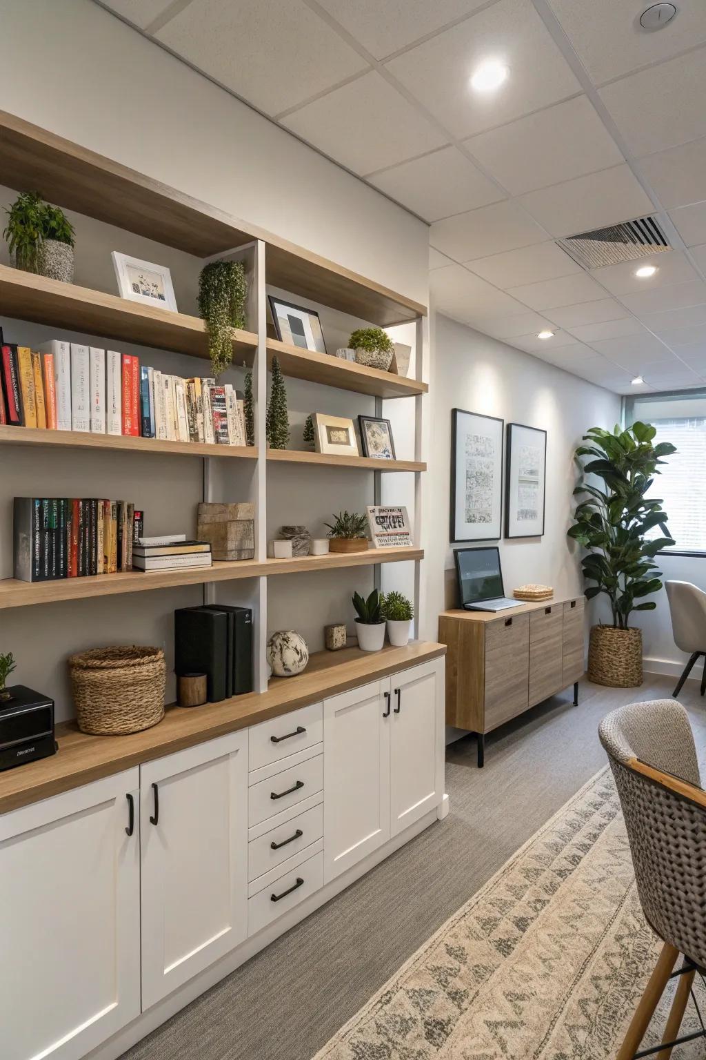 Floating shelves introduce a sophisticated touch while maintaining an orderly office.