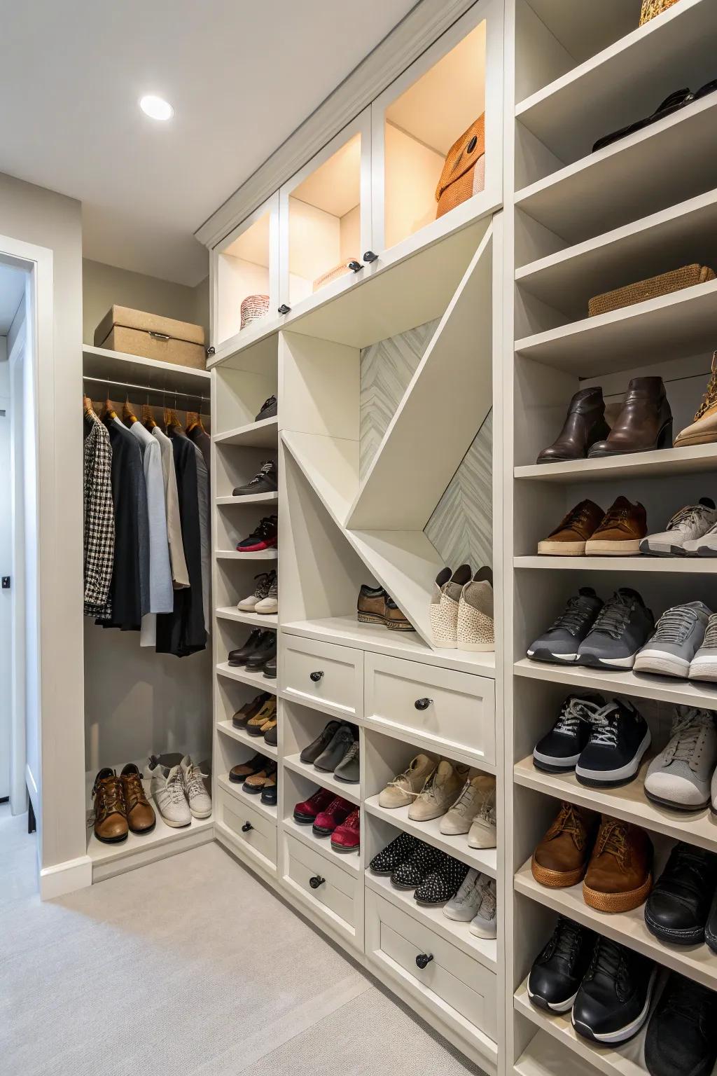 Shoe storage is designed to elegantly showcase and organize your shoe collection.
