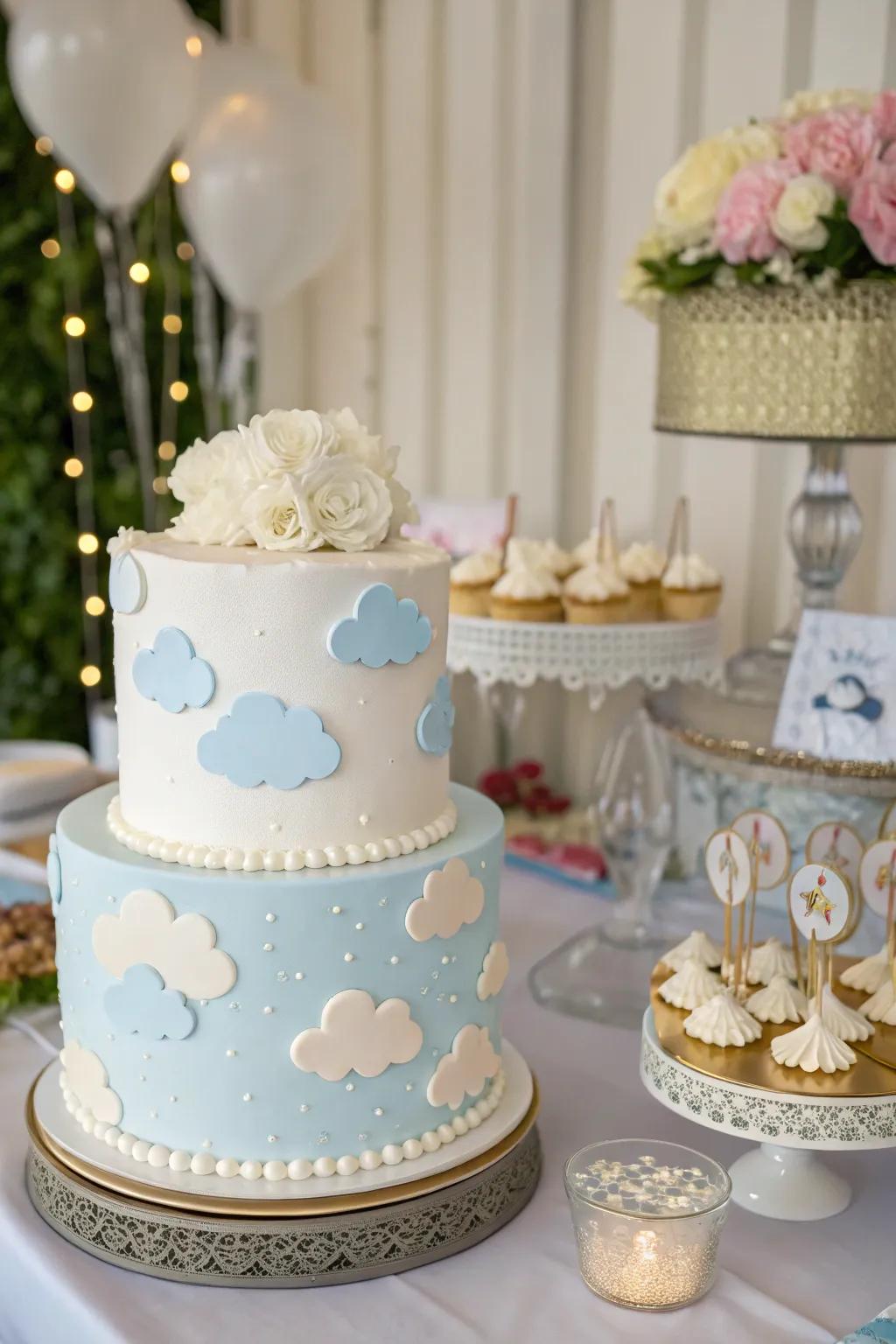 A cumulus-themed cake functions as an enchanting centerpiece, endowing sweetness to the celebration.
