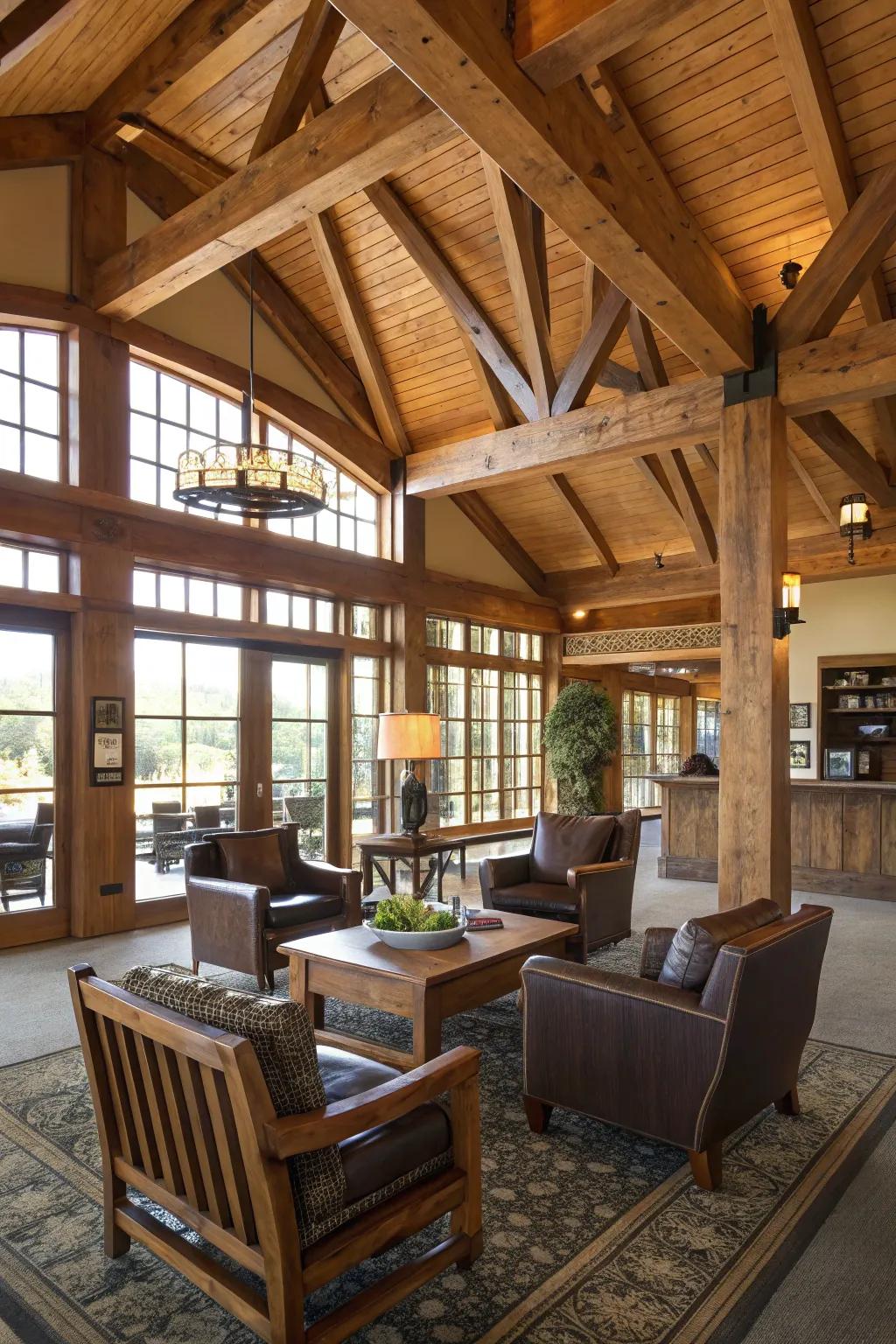Farmhouse inspired features with wooden beams and furniture inside a clubhouse.