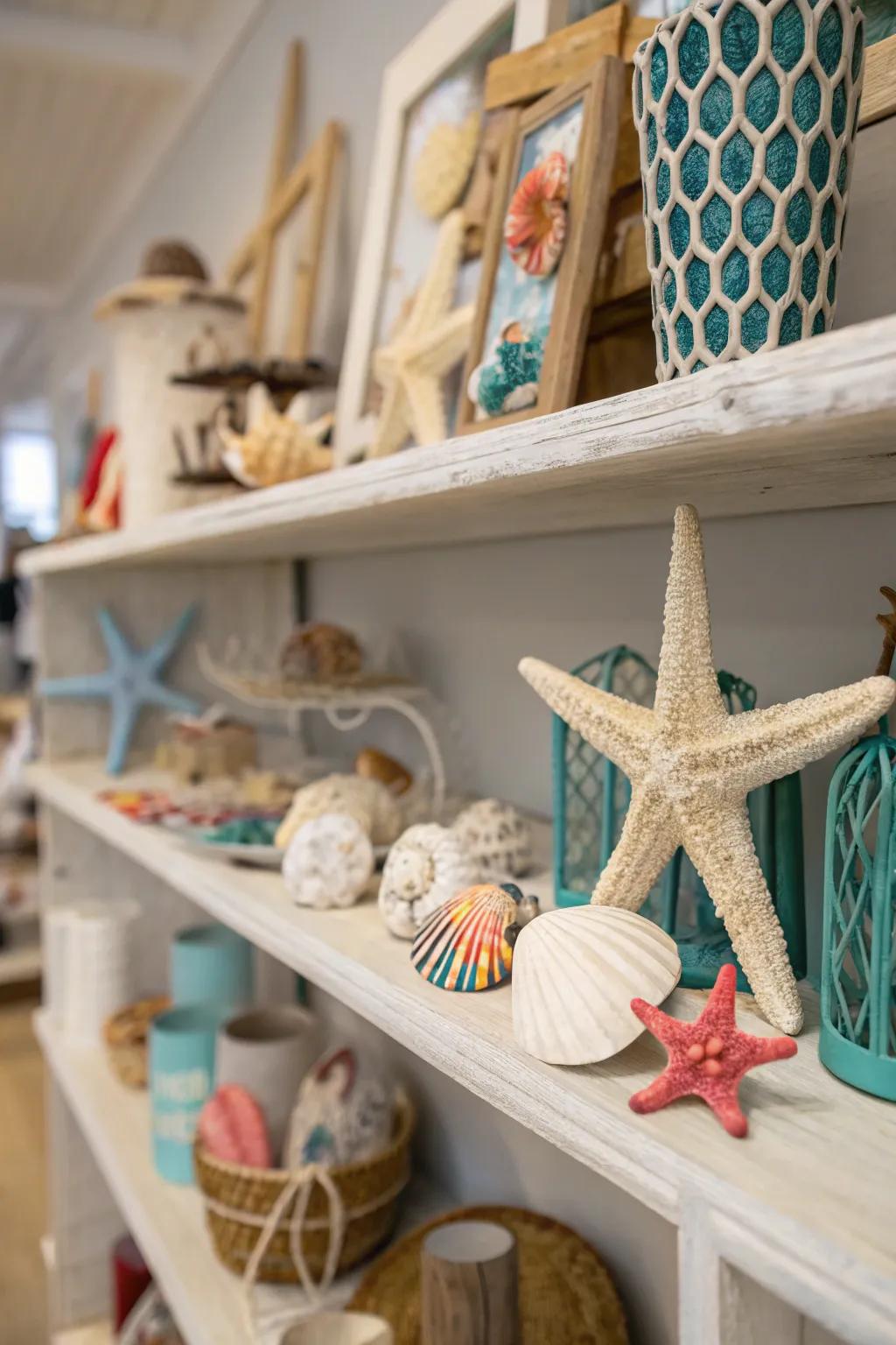 A shelf arranged with maritime treasures and coastal details.