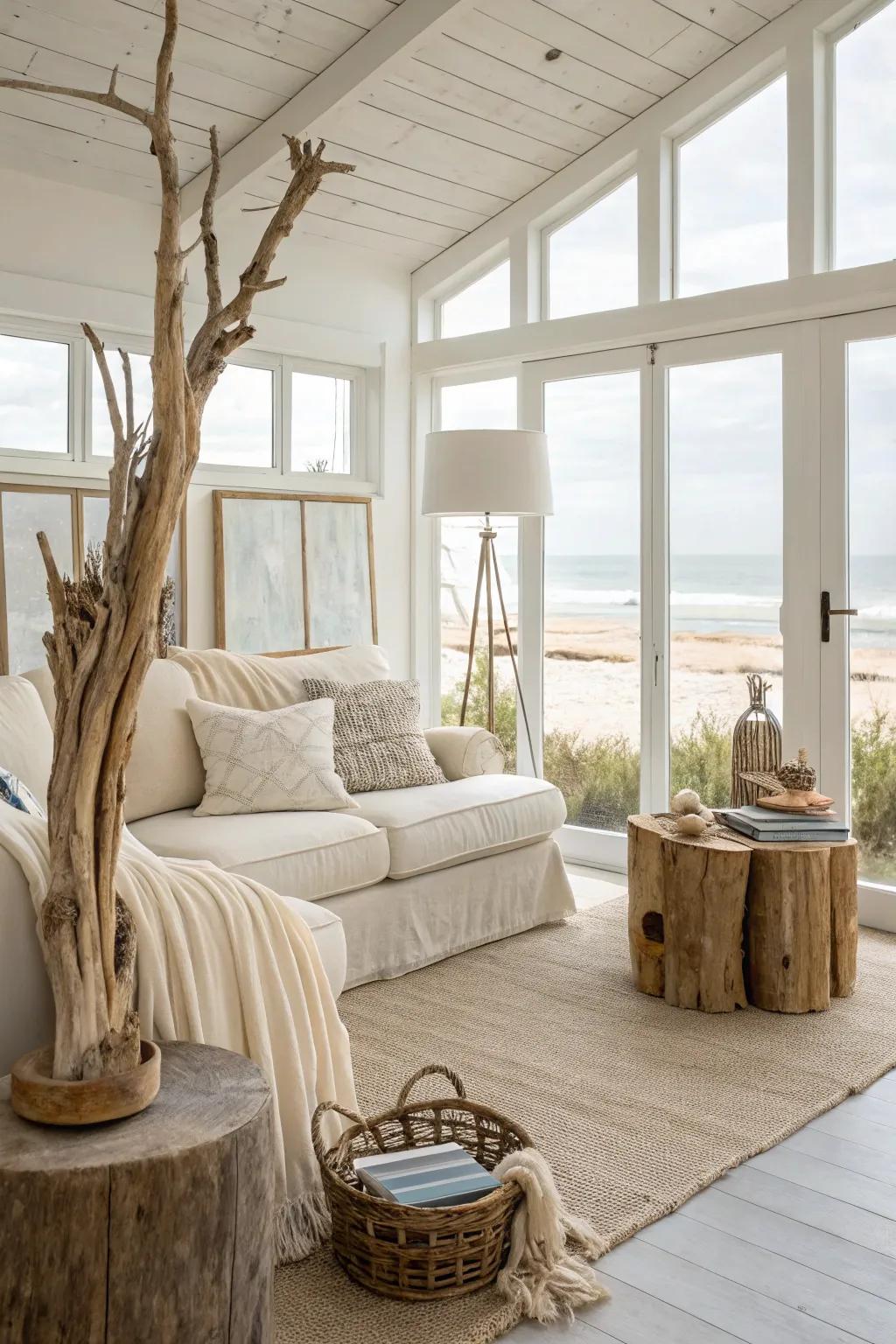 Shoreline wood gives rustic appeal to coastal design.