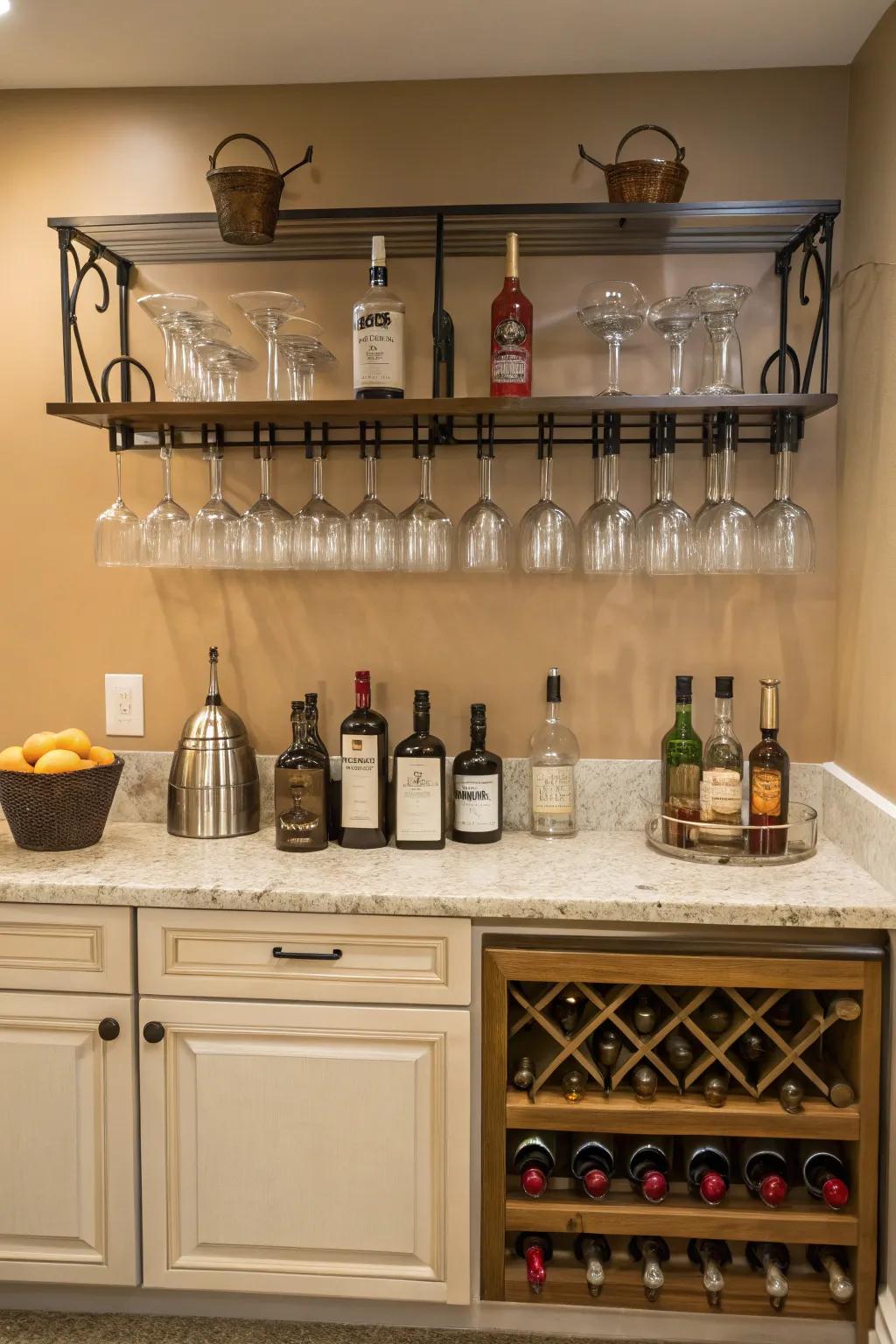 Wall-mounted storage keeps all the essentials within reach.