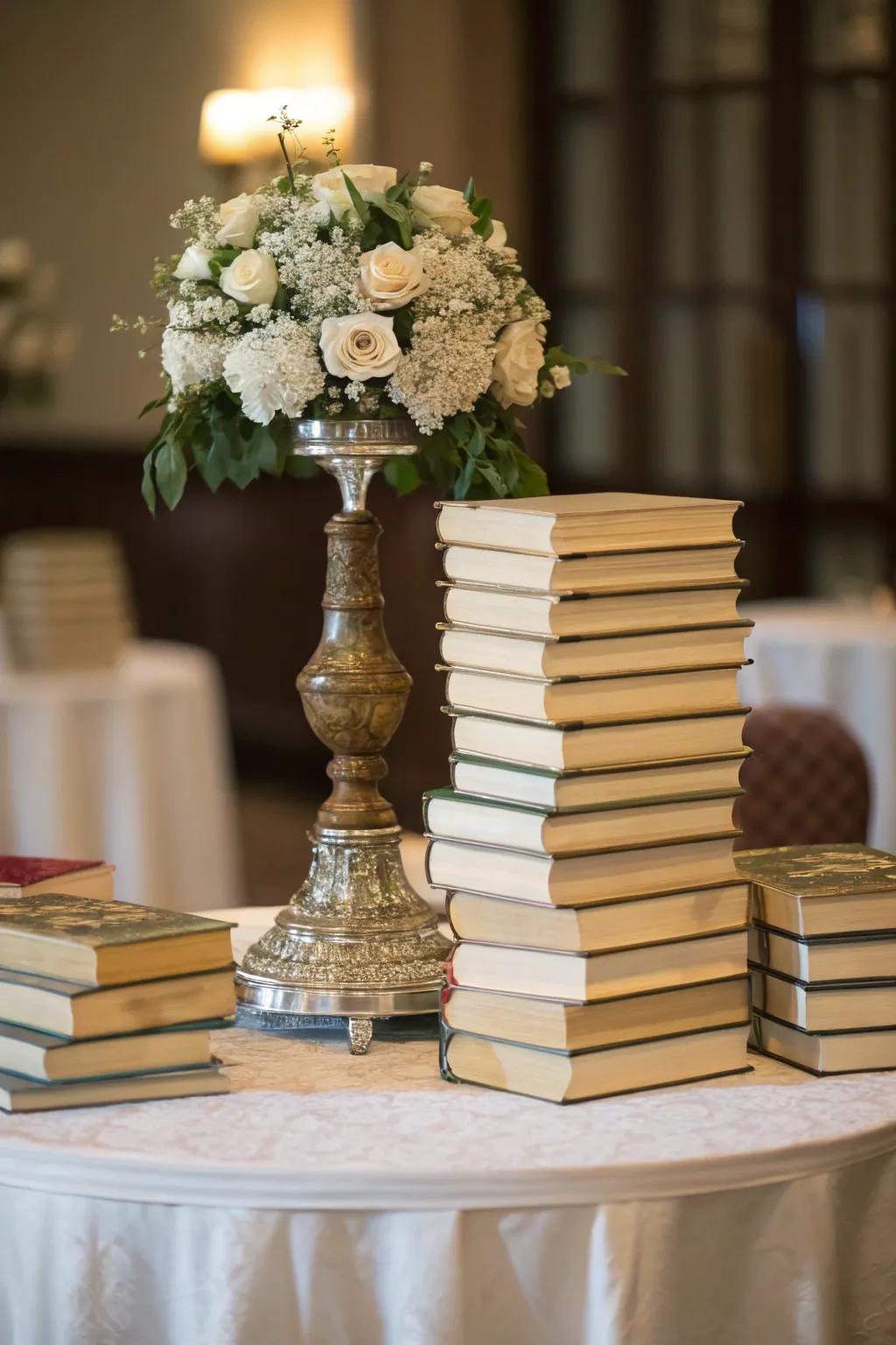 Book stacks arranged symmetrically foster a sense of balance and sophistication.