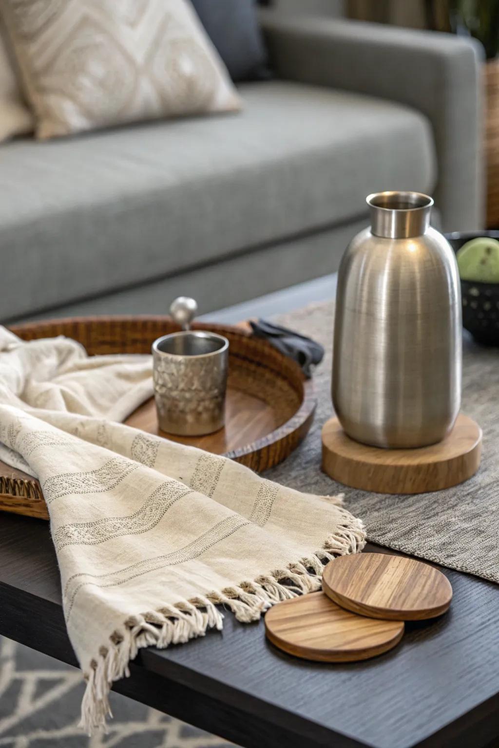 Applying layers of diverse textures enriches the aesthetic and creates fascinating depth for your coffee table.