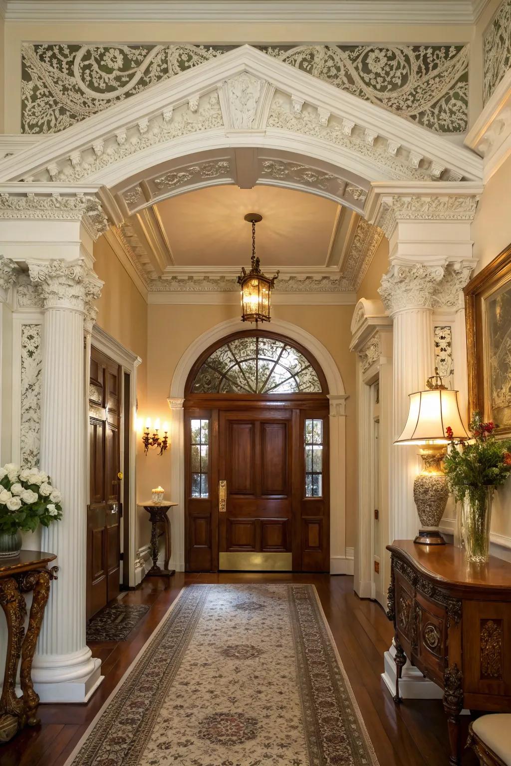 Ornamental trimmings enhance the elegance of this colonial entryway.