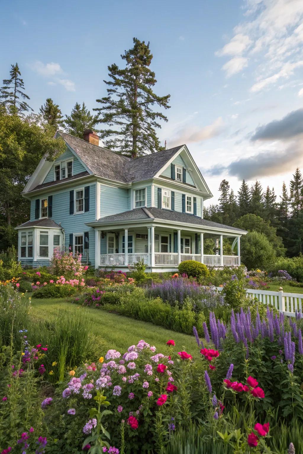 An elegant colonial house with a muted azure exterior, nestled in a lush garden.