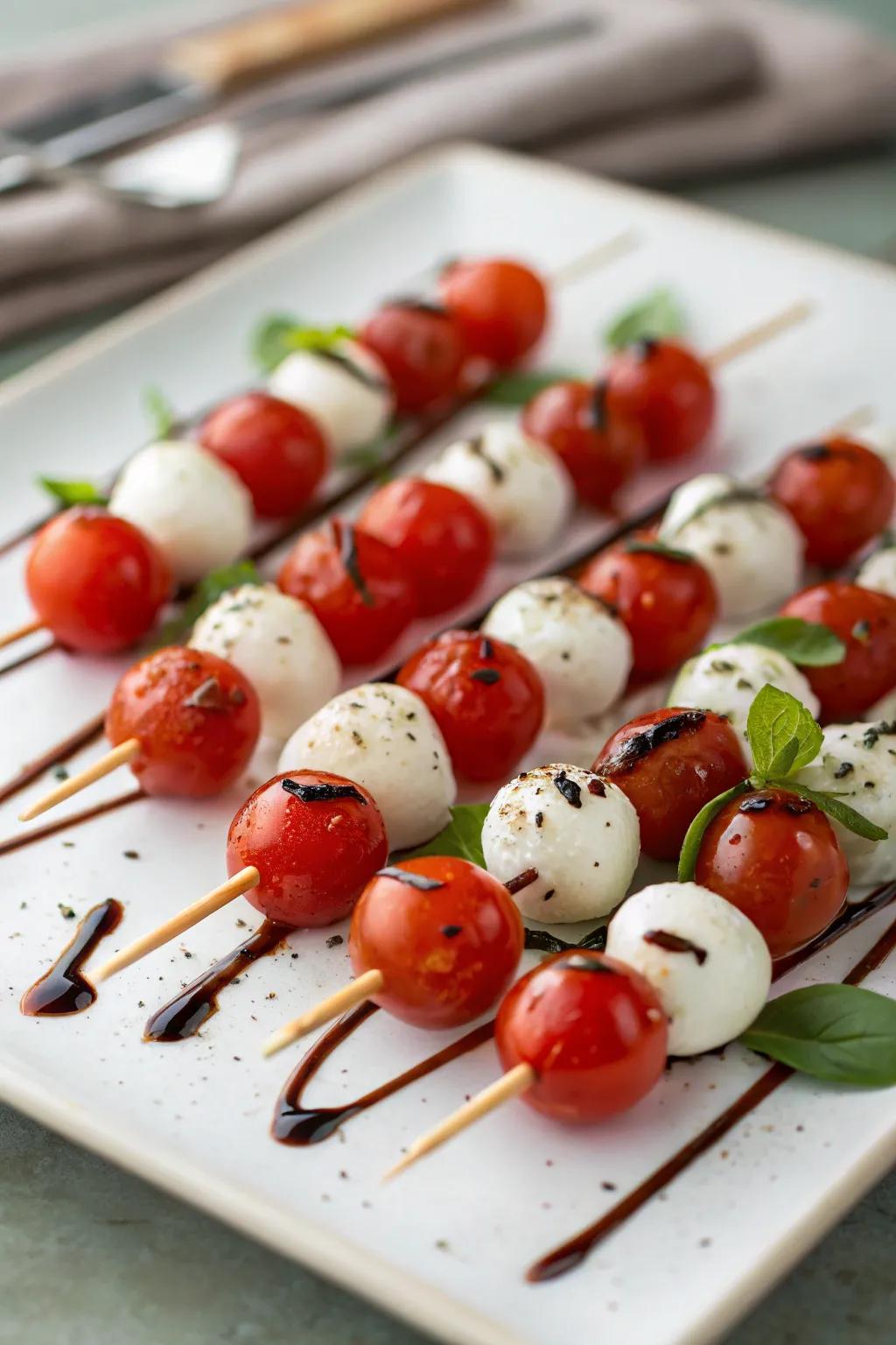Vibrant mini ruby tomato and milky mozzarella spears perfect for a ruby-themed get-together.