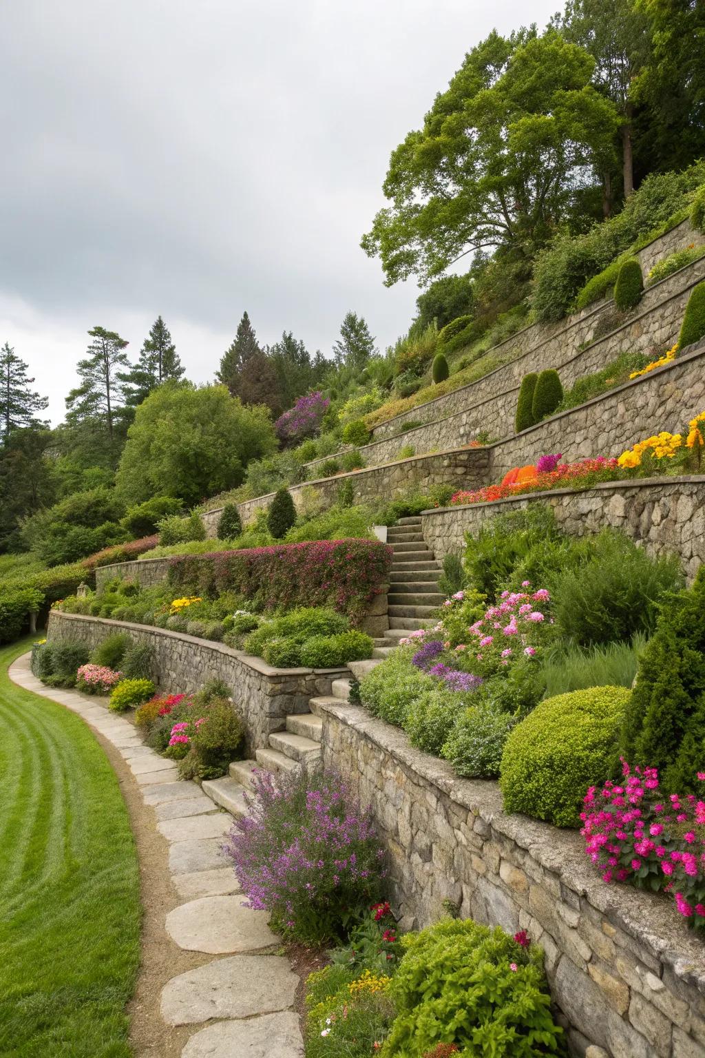 Layered gardens featuring stone walls introduce dimension and charm to inclining landscapes.