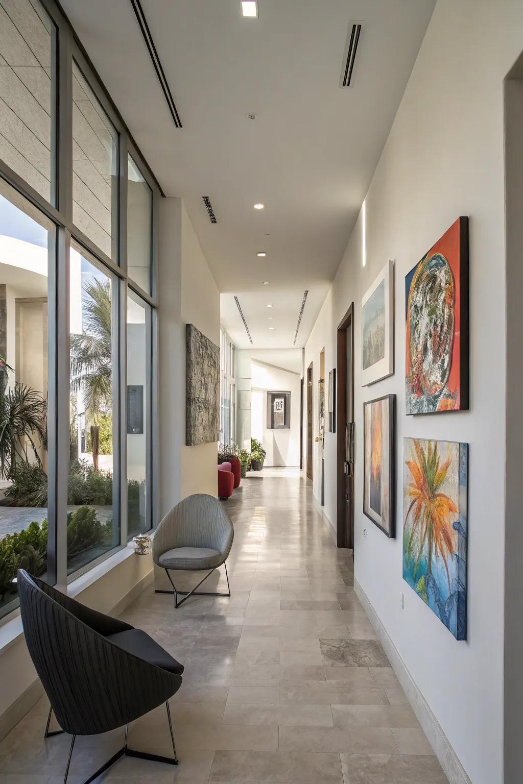 Bright artwork can turn your hallway into a vibrant gallery.