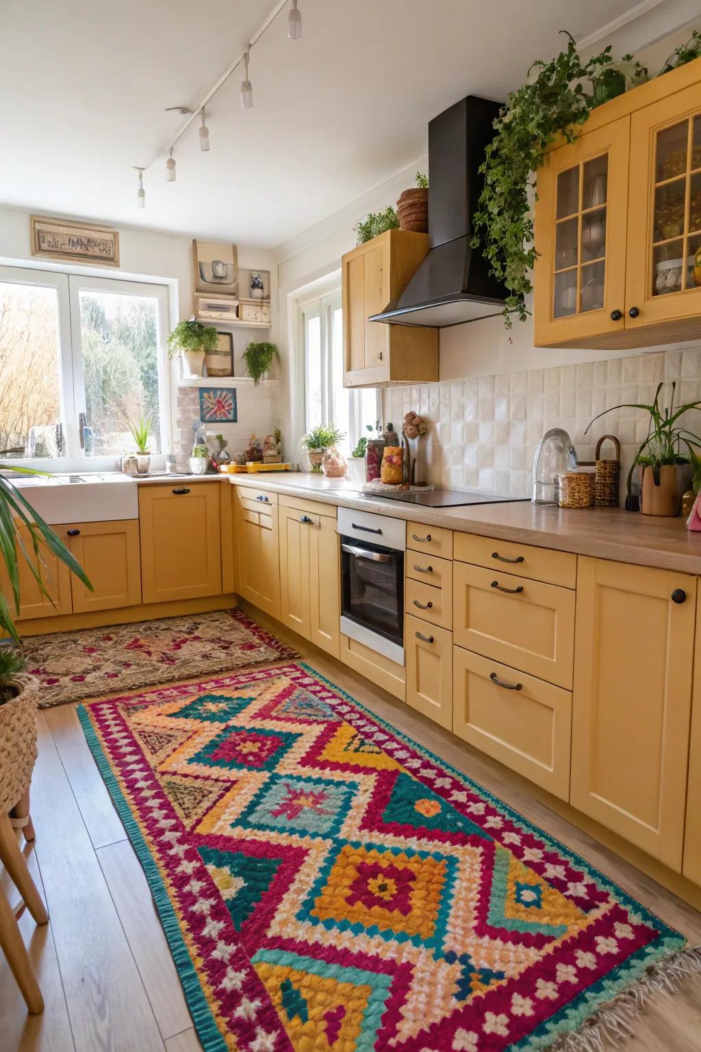 An eye-catching floor covering injects color and coziness into the cooking area.