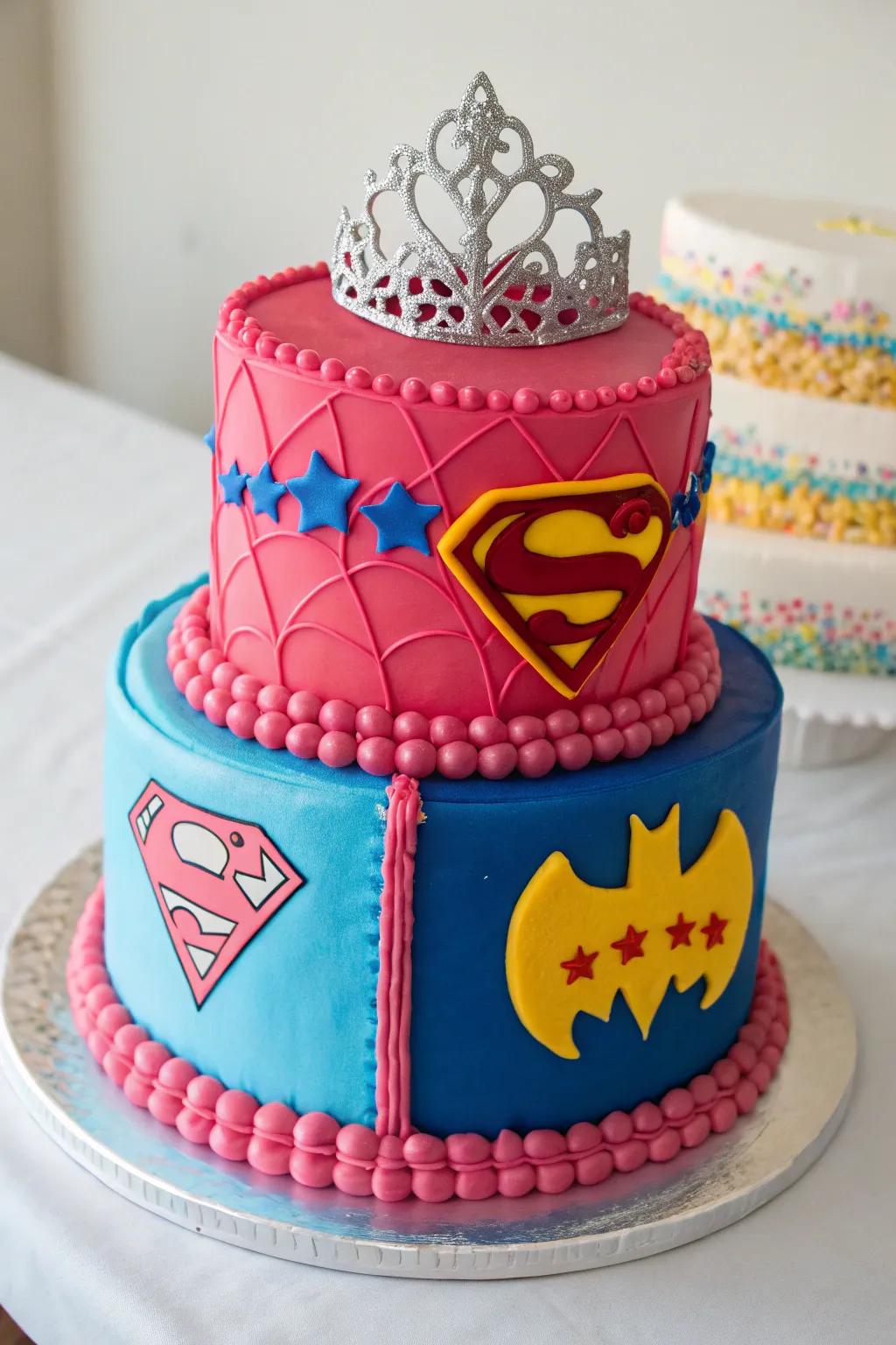 An imaginative cake intertwining superhero and princess inspirations.