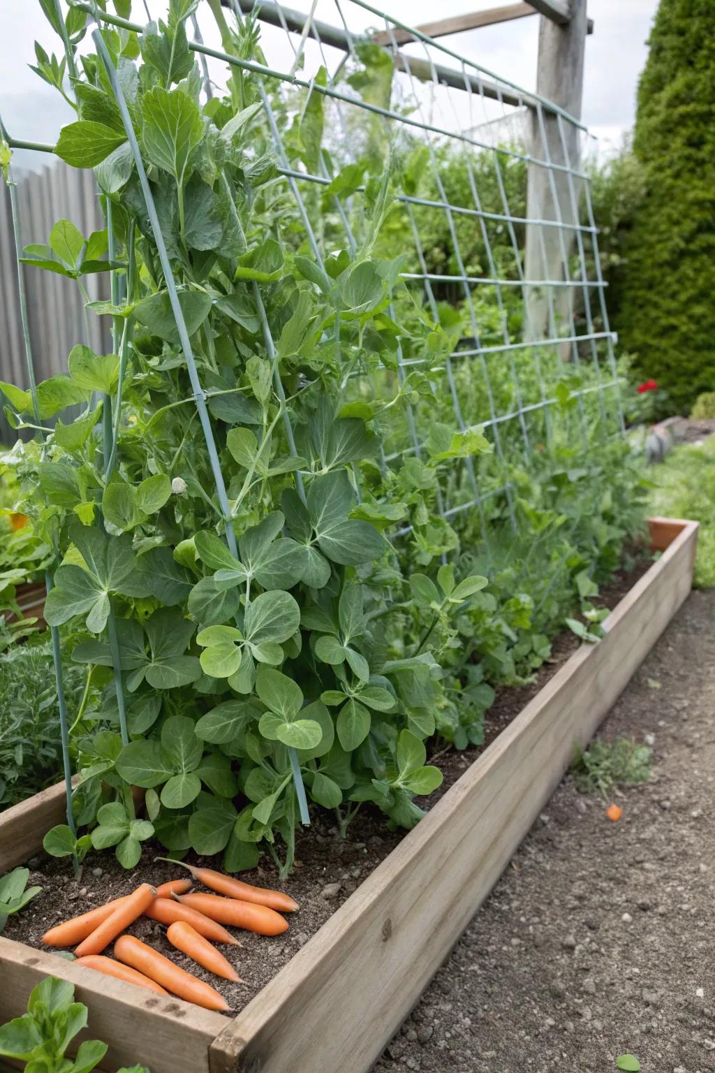 Climbing beans and orange roots, a balanced pair that improves each other’s growth.