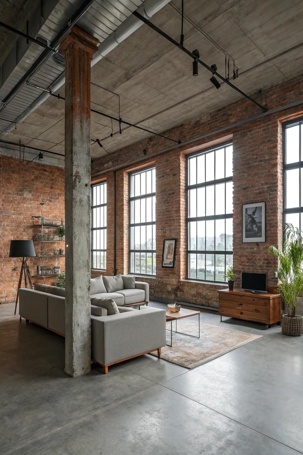 Industrial charm is captured through concrete floors and raw brick accents.