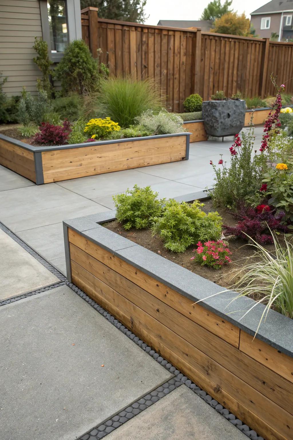 Contrasting materials bring a modern flair to patio borders.