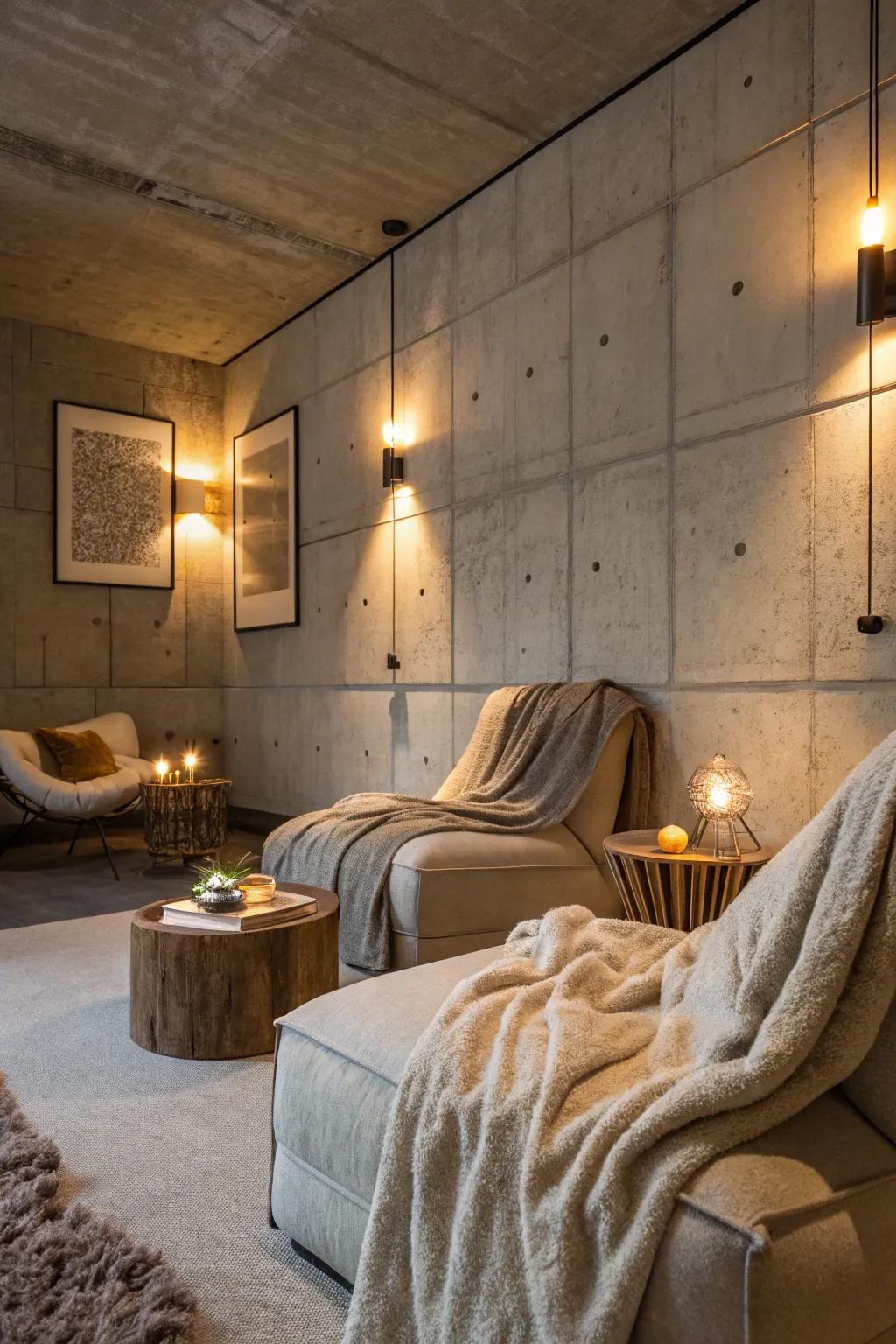 Gentle illumination transforms exposed walls into a cozy sanctuary.