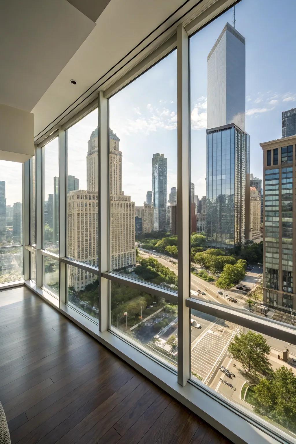A condo featuring expansive windows that overlook a stunning urban skyline.