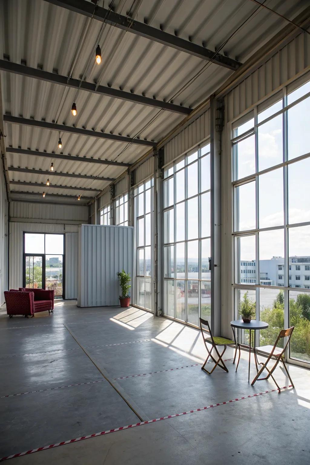Embrace the flexibility of an open layout for storage solutions within a shipping container.
